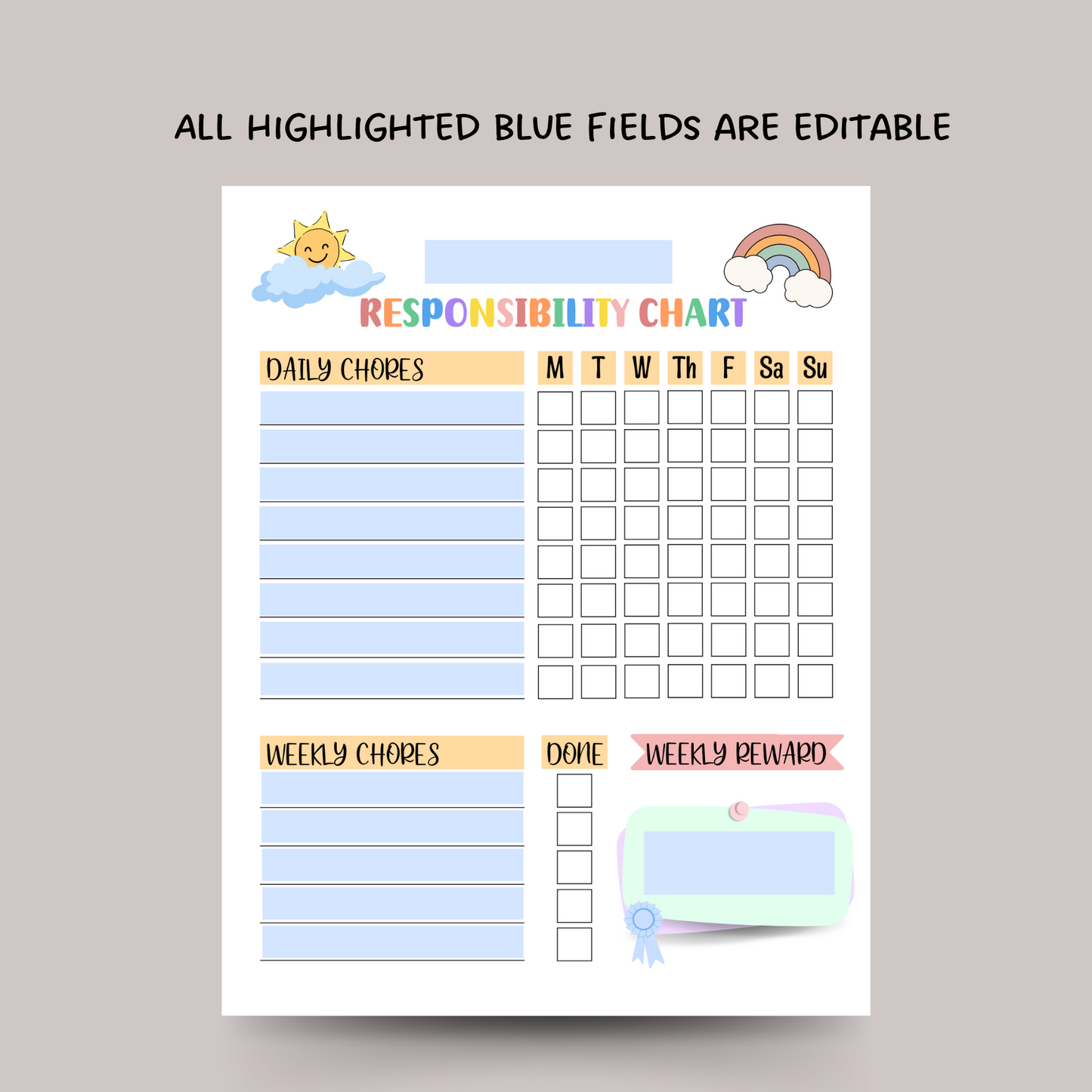 Editable Responsibility Chart For Kids Printable, Chore Chart Daily Checklist