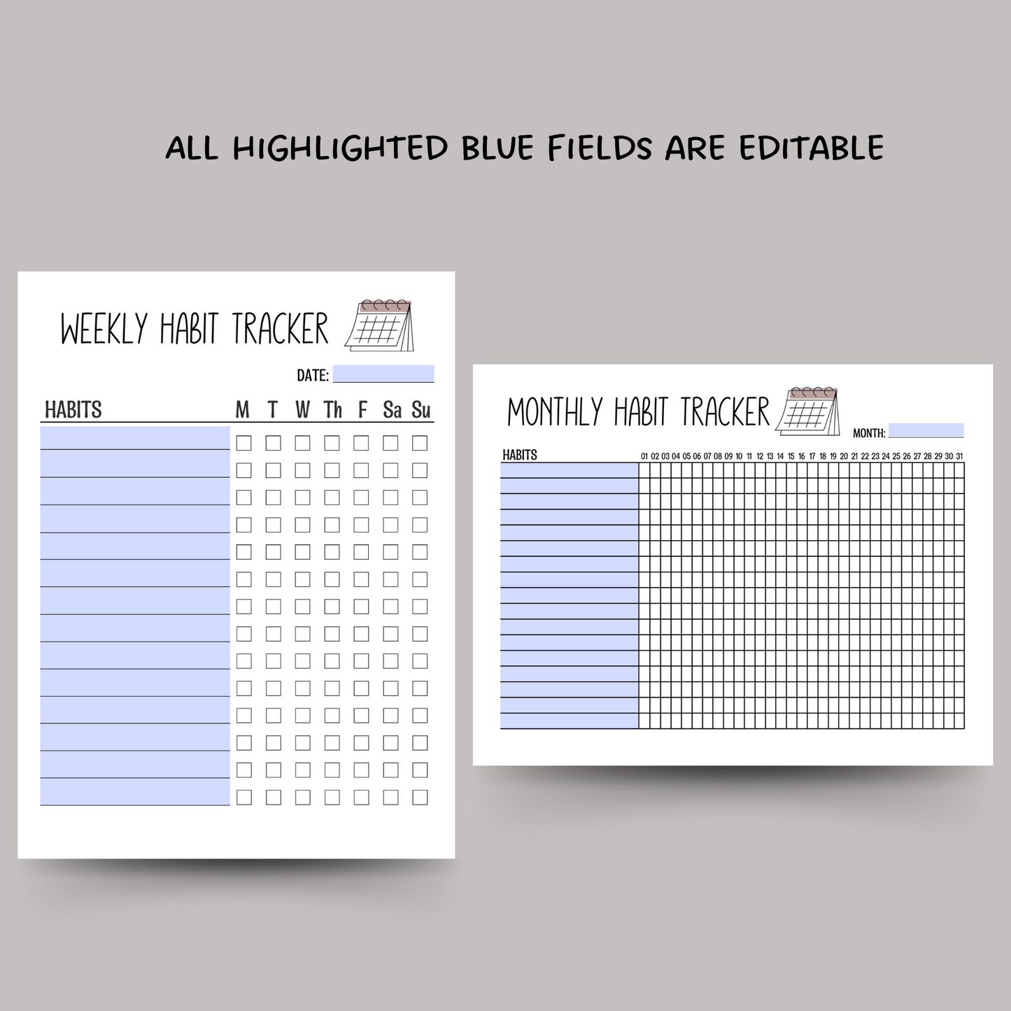 Habit Tracker Printable, Editable Monthly Weekly Daily Goal Planner Template