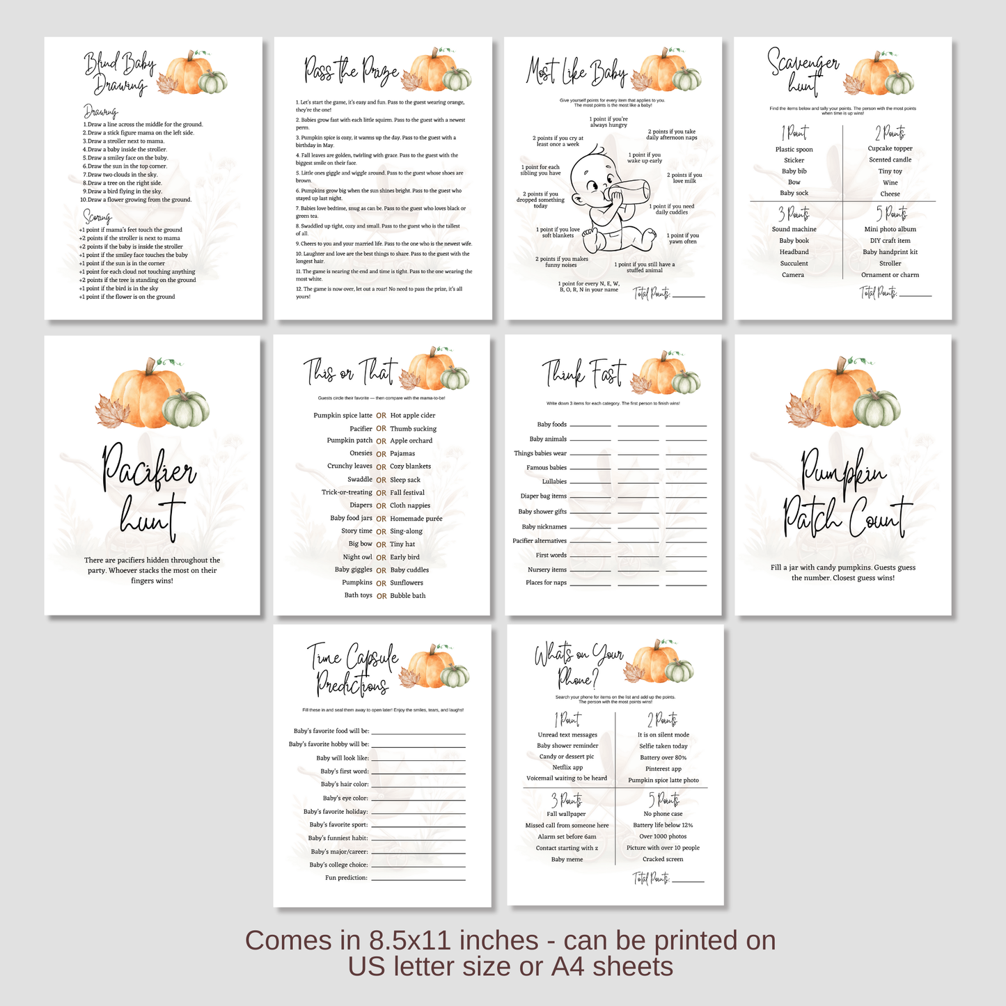 Pumpkin Baby Shower Games Printable, Fall Party Activity