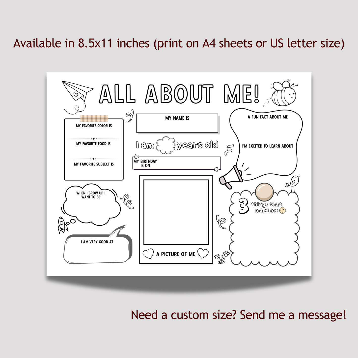 All About Me Coloring Page Printable, First Day of School Activity For Kids Fill In Template Back to School Classroom Homeschool Worksheet