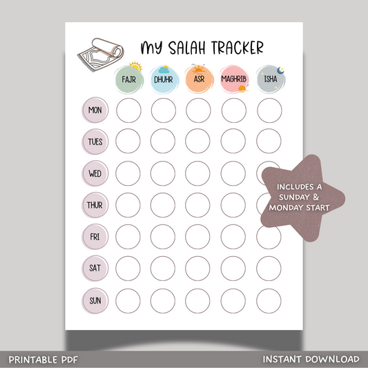Islamic Salah Tracker Printable for Kids, Children Daily Namaz Prayer Chart