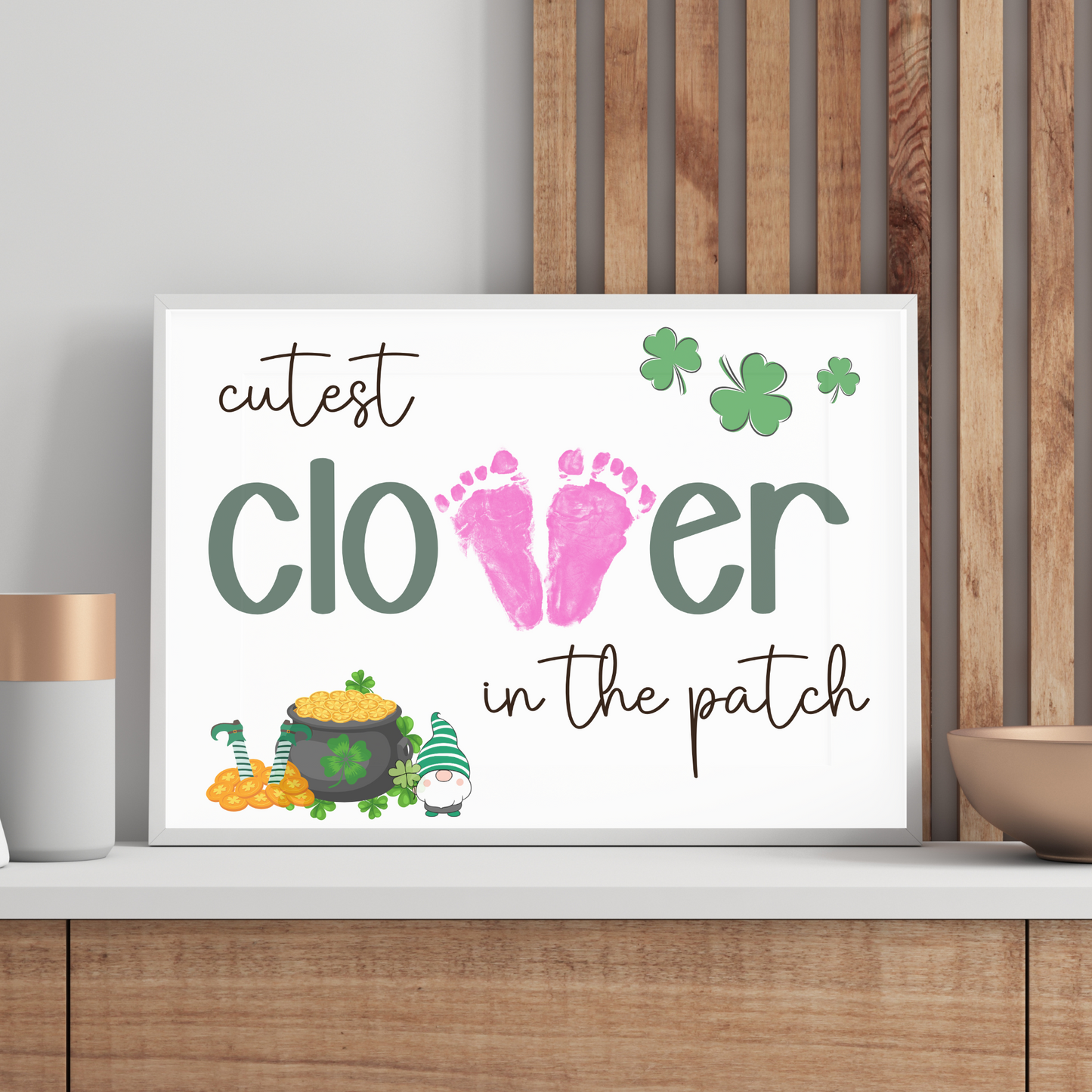 St Patricks Day Clover Footprint Craft Printable Shamrock Art Keepsake for Kids Baby Toddler Nursery Activity Preschool Daycare Kindergarten