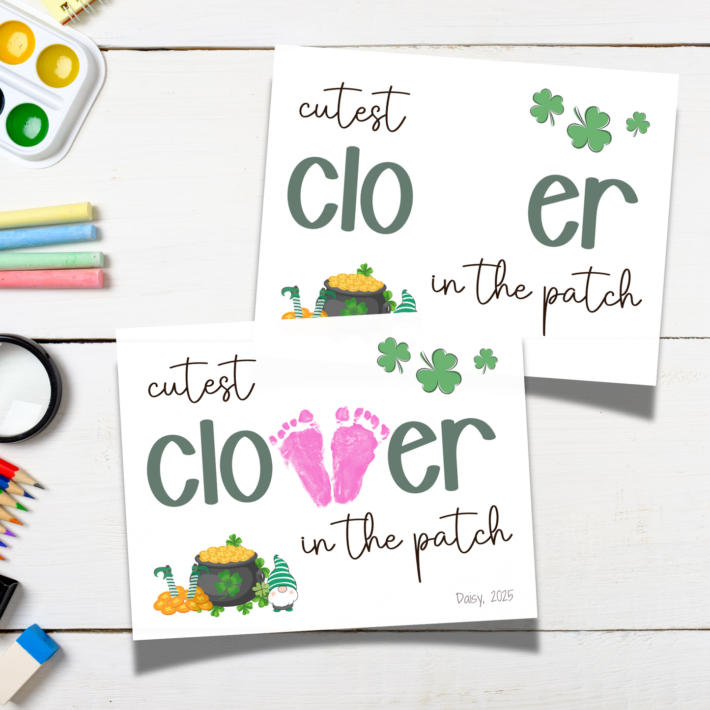 St Patricks Day Clover Footprint Craft Printable Shamrock Art Keepsake for Kids Baby Toddler Nursery Activity Preschool Daycare Kindergarten