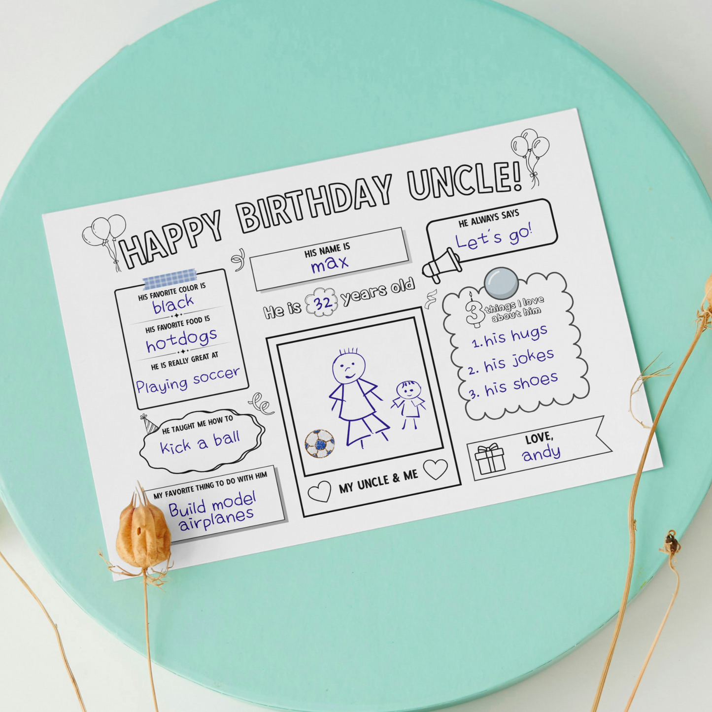 Happy Birthday Uncle Coloring Page Printable, DIY Gift from Kids Appreciation Card