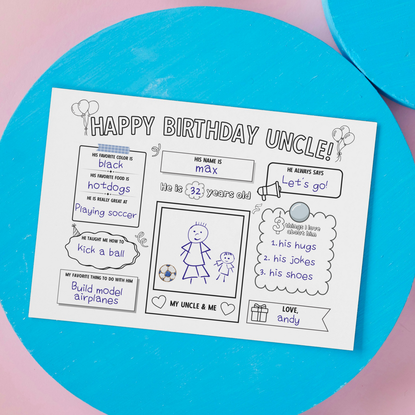 Happy Birthday Uncle Coloring Page Printable, DIY Gift from Kids Appreciation Card