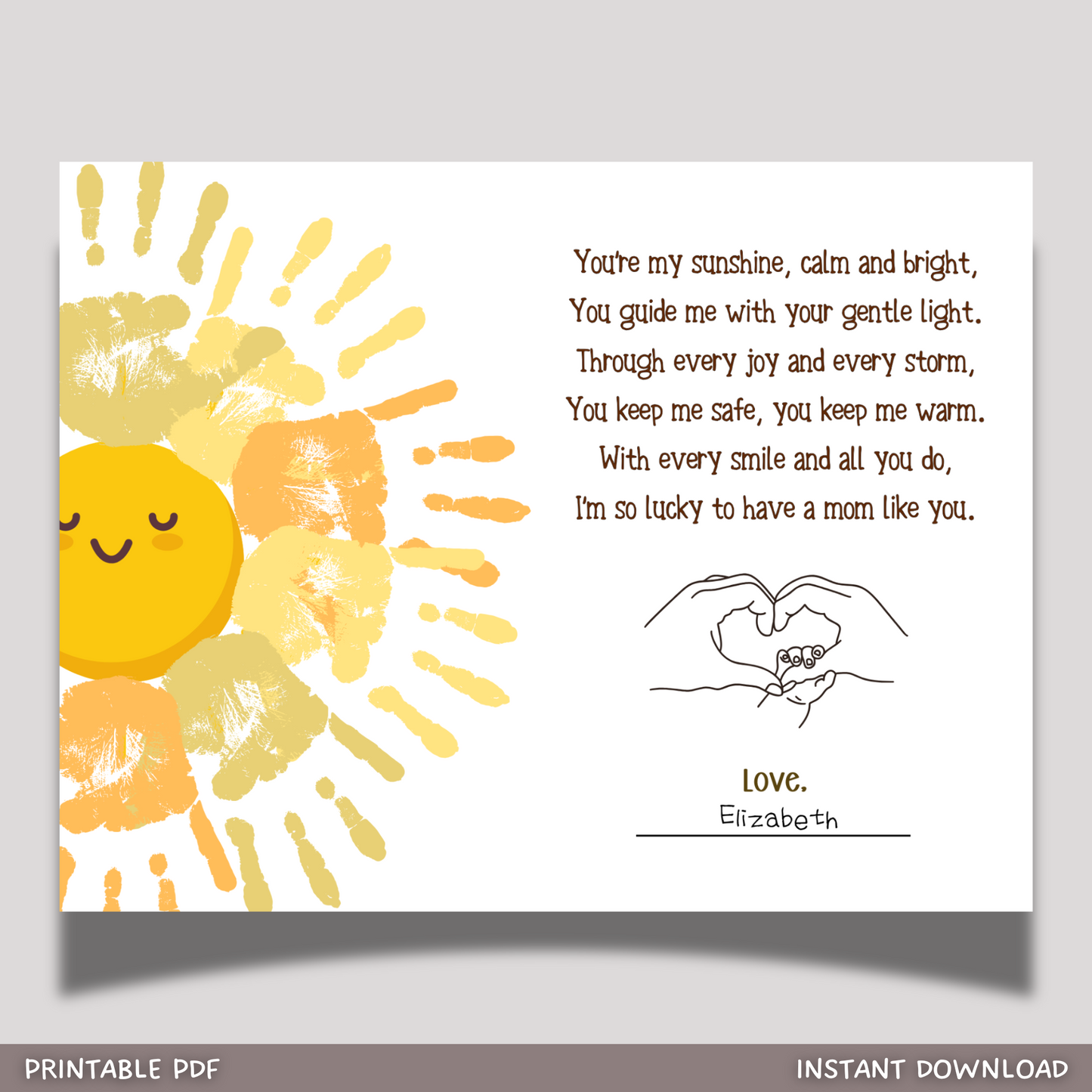 Mothers Day Poem Handprint Craft for Kids Printable, DIY Wall Art Birthday Gift Mom