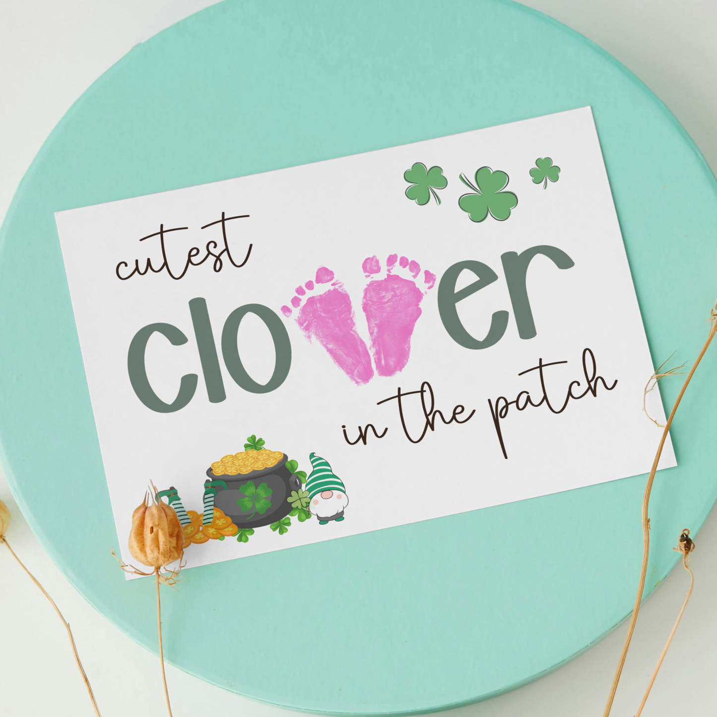 St Patricks Day Clover Footprint Craft Printable Shamrock Art Keepsake for Kids Baby Toddler Nursery Activity Preschool Daycare Kindergarten