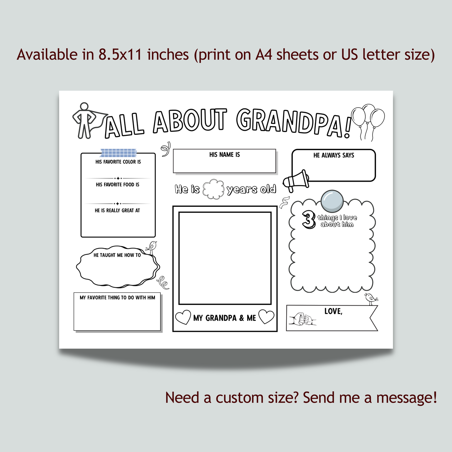All About Grandpa Survey Printable, Grandparents Day Card Questionnaire Gift Ideas from Kids Personalized Keepsake Worksheet Coloring Page