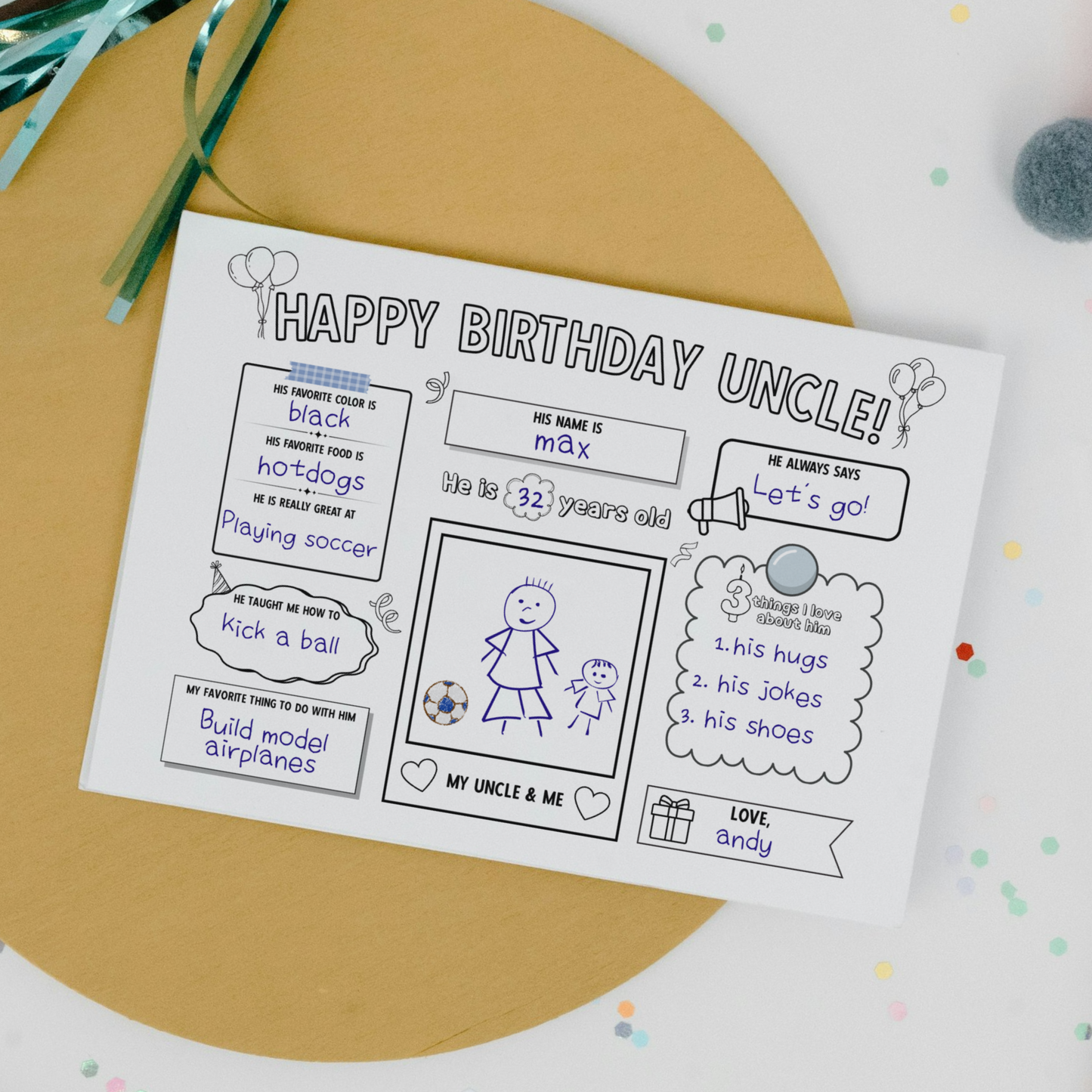 Happy Birthday Uncle Coloring Page Printable, DIY Gift from Kids Appreciation Card
