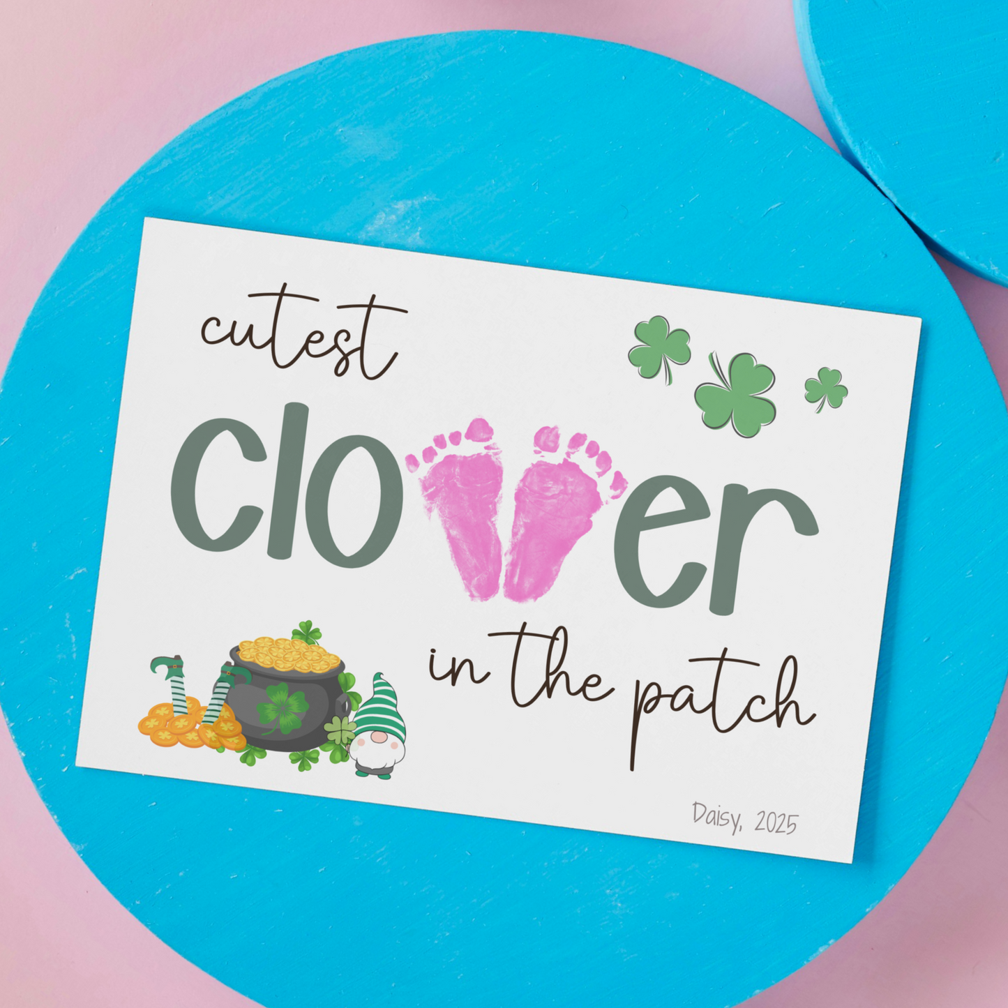 St Patricks Day Clover Footprint Craft Printable Shamrock Art Keepsake for Kids Baby Toddler Nursery Activity Preschool Daycare Kindergarten