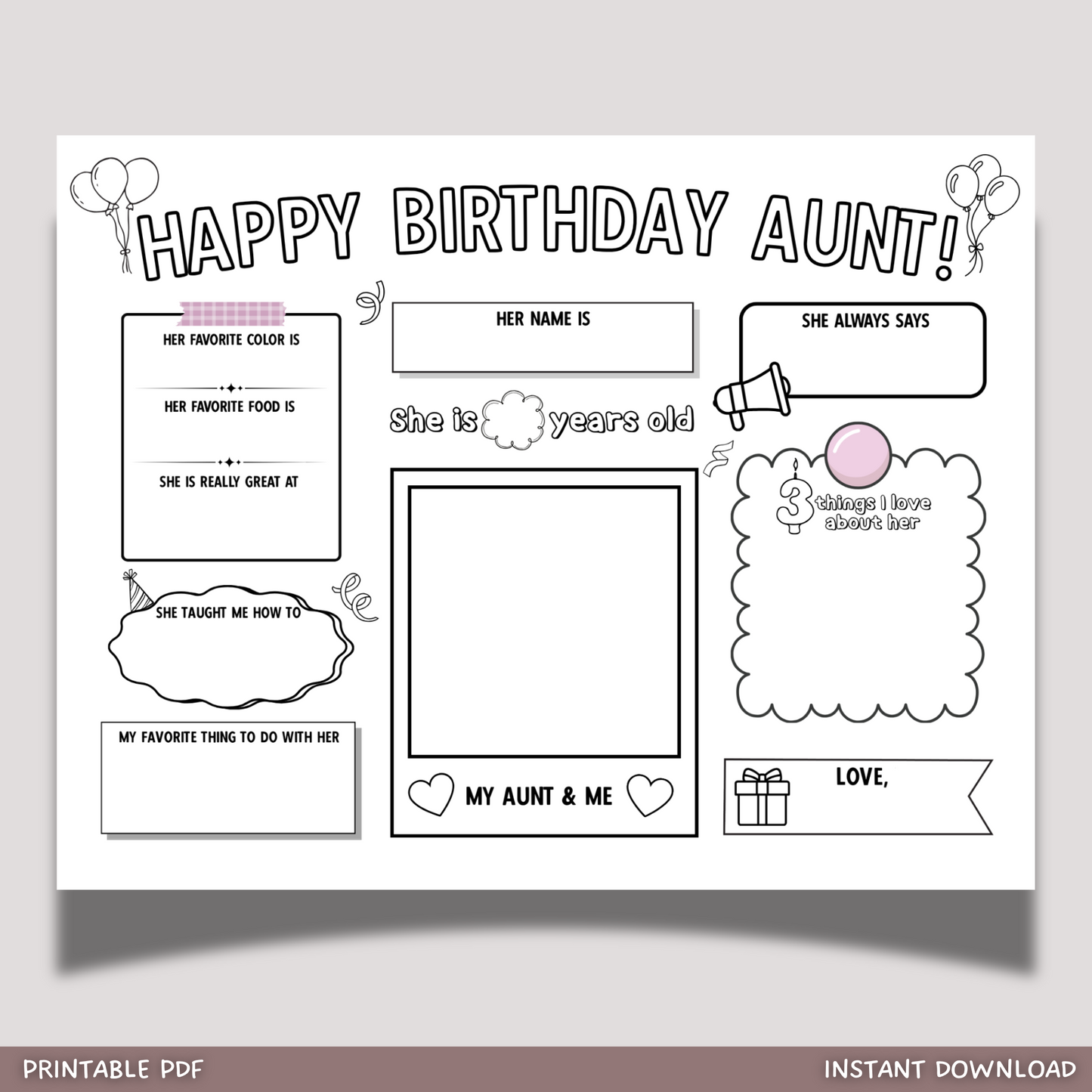 Happy Birthday Aunt Coloring Page Printable, DIY Personalized Gift from Kids All About Auntie Card Activity Questionnaire Keepsake Present