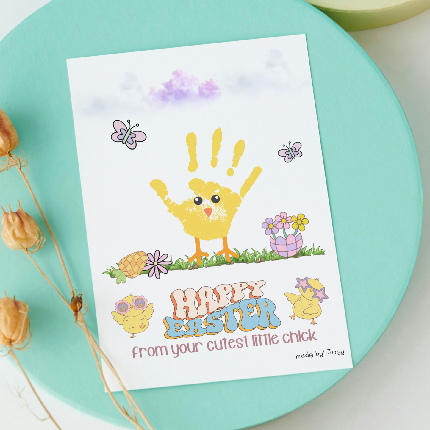 Happy Easter Retro Handprint Craft for Kids Printable, DIY Spring Footprint Art Keepsake Gift Activity Baby Toddler Children