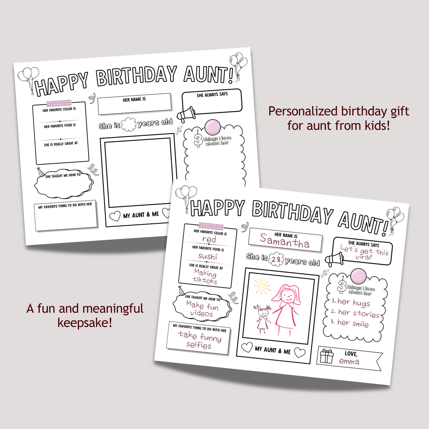 Happy Birthday Aunt Coloring Page Printable, DIY Personalized Gift from Kids All About Auntie Card Activity Questionnaire Keepsake Present