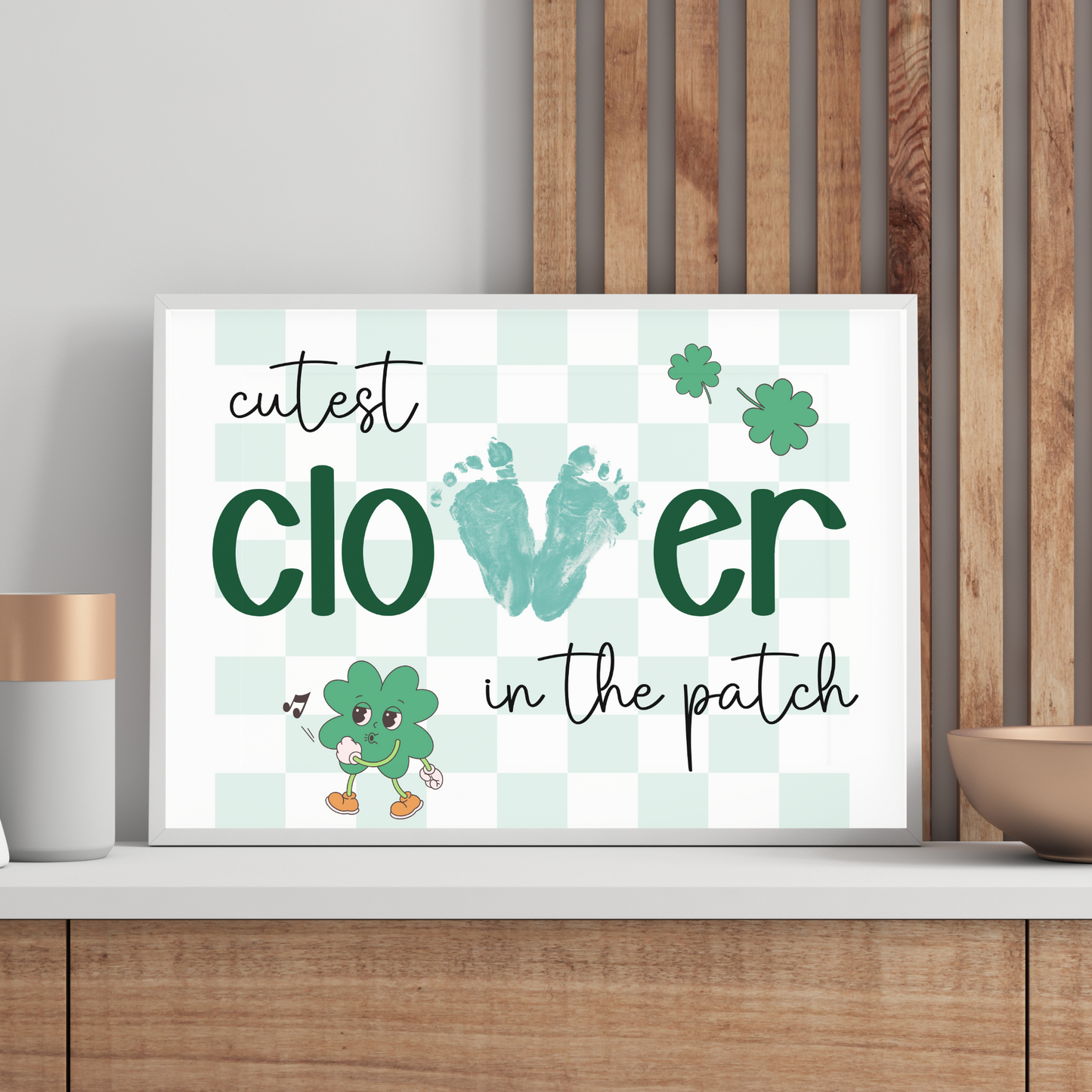 St Patricks Day Retro Clover Footprint Craft Printable Shamrock Art Keepsake for Kids Baby Toddler Activity