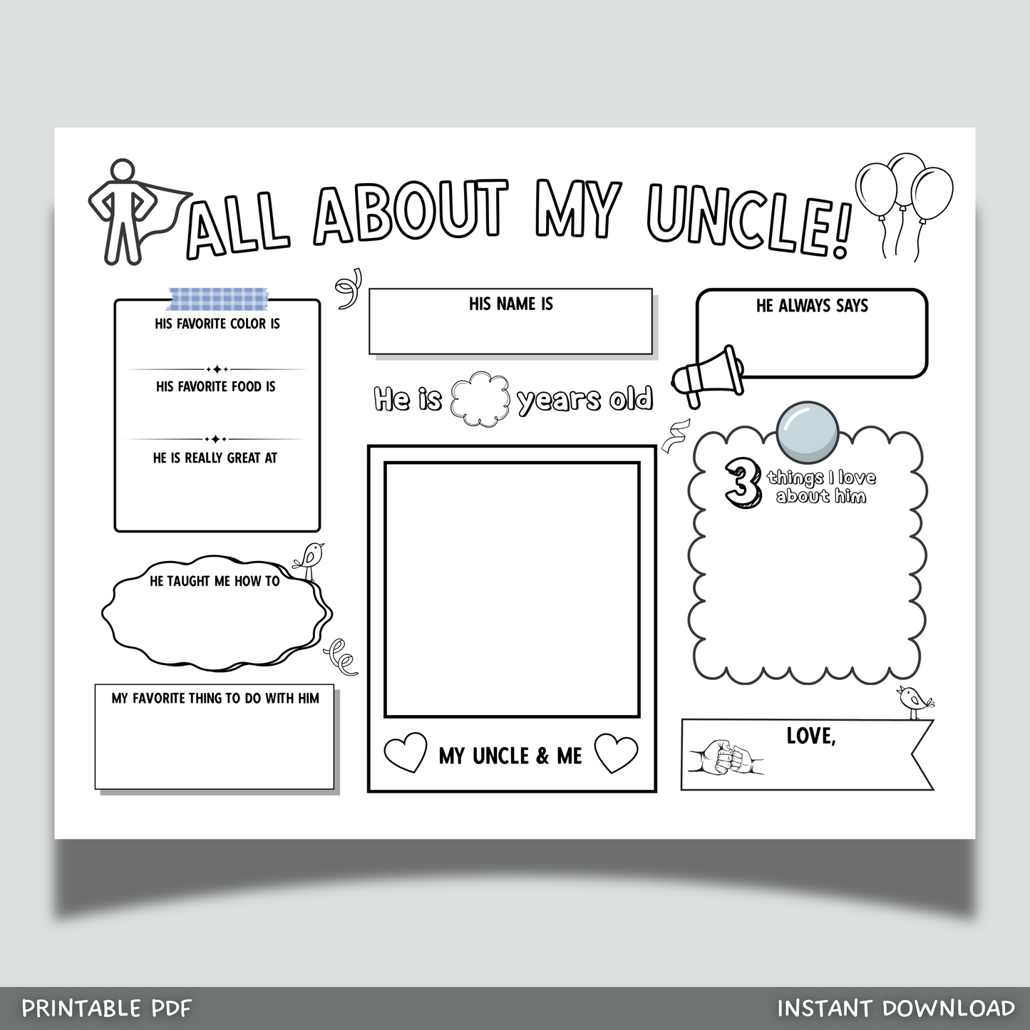 All About My Uncle Survey Printable, DIY Gift Birthday Card Questionnaire from Kids Personalized Keepsake Worksheet Coloring Page Activity