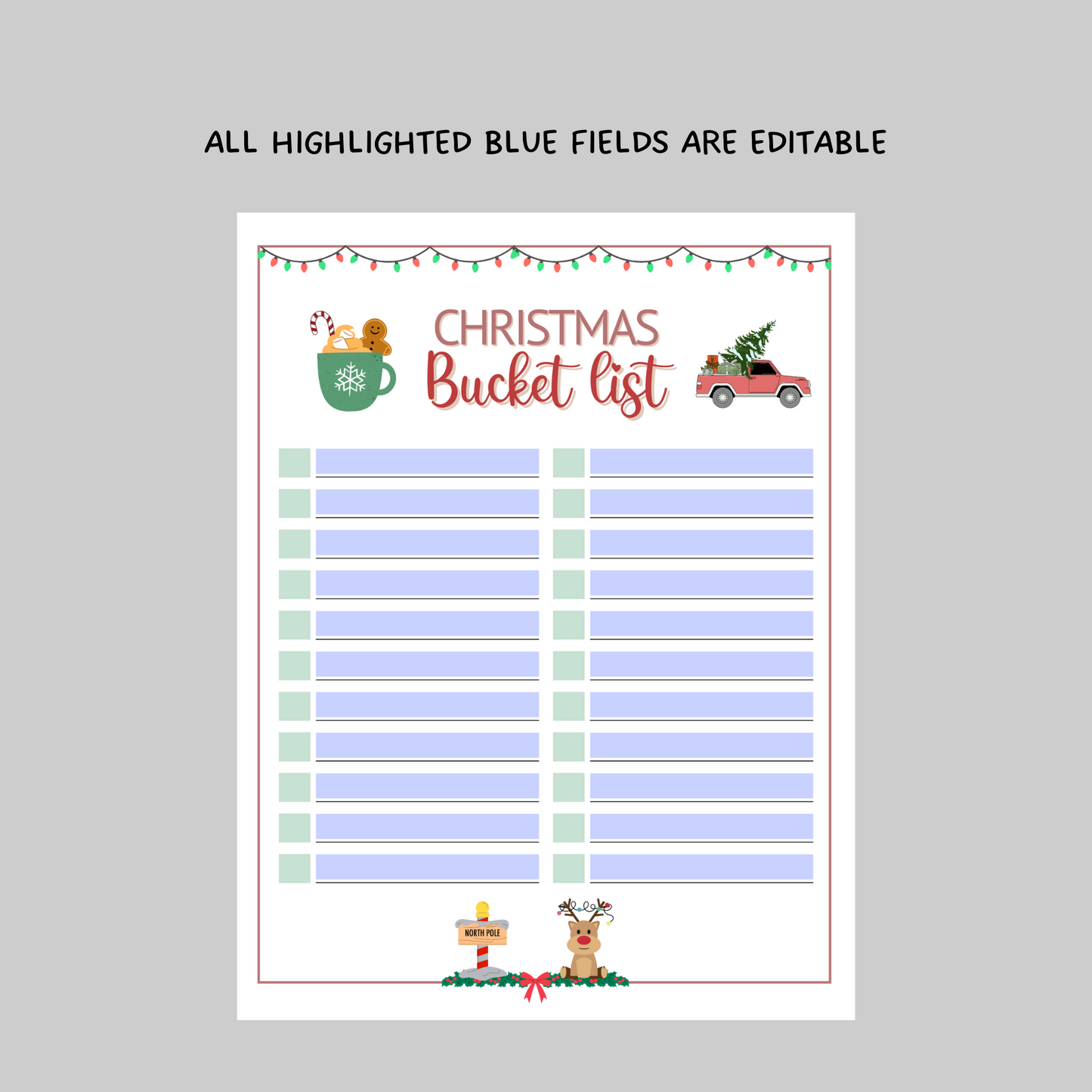 Christmas Bucket List Editable & Printable, Xmas Holiday Family Activity