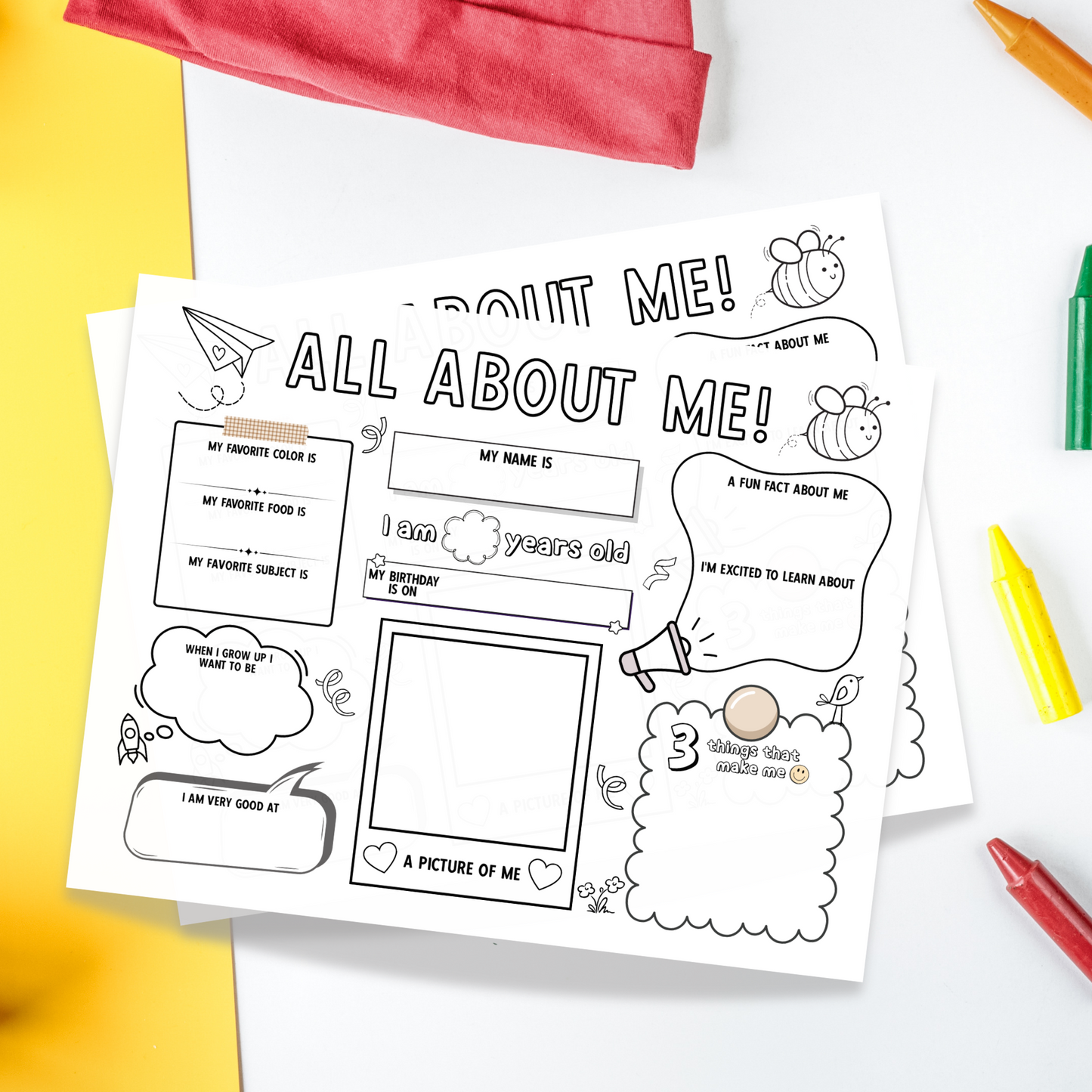 All About Me Coloring Page Printable, First Day of School Activity For Kids Fill In Template Back to School Classroom Homeschool Worksheet