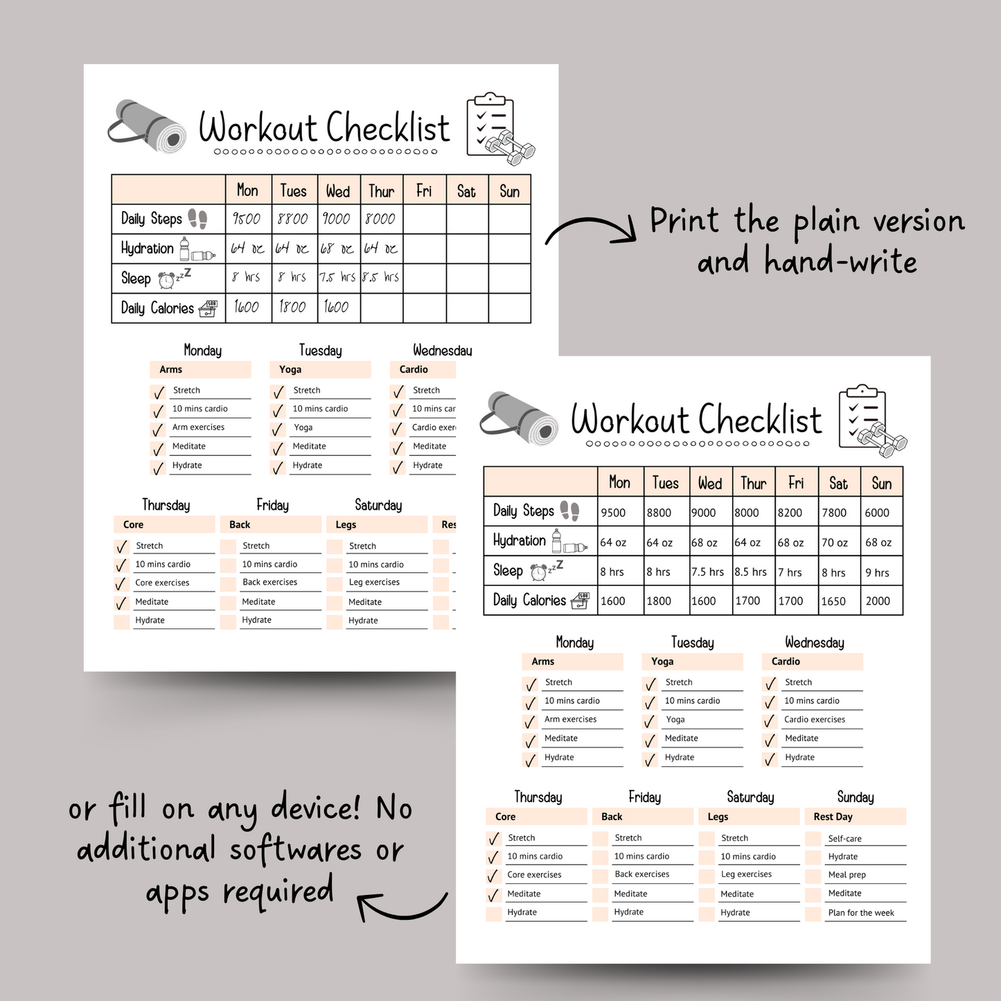 Editable Workout Checklist, Printable Daily Exercise Gym Log Planner