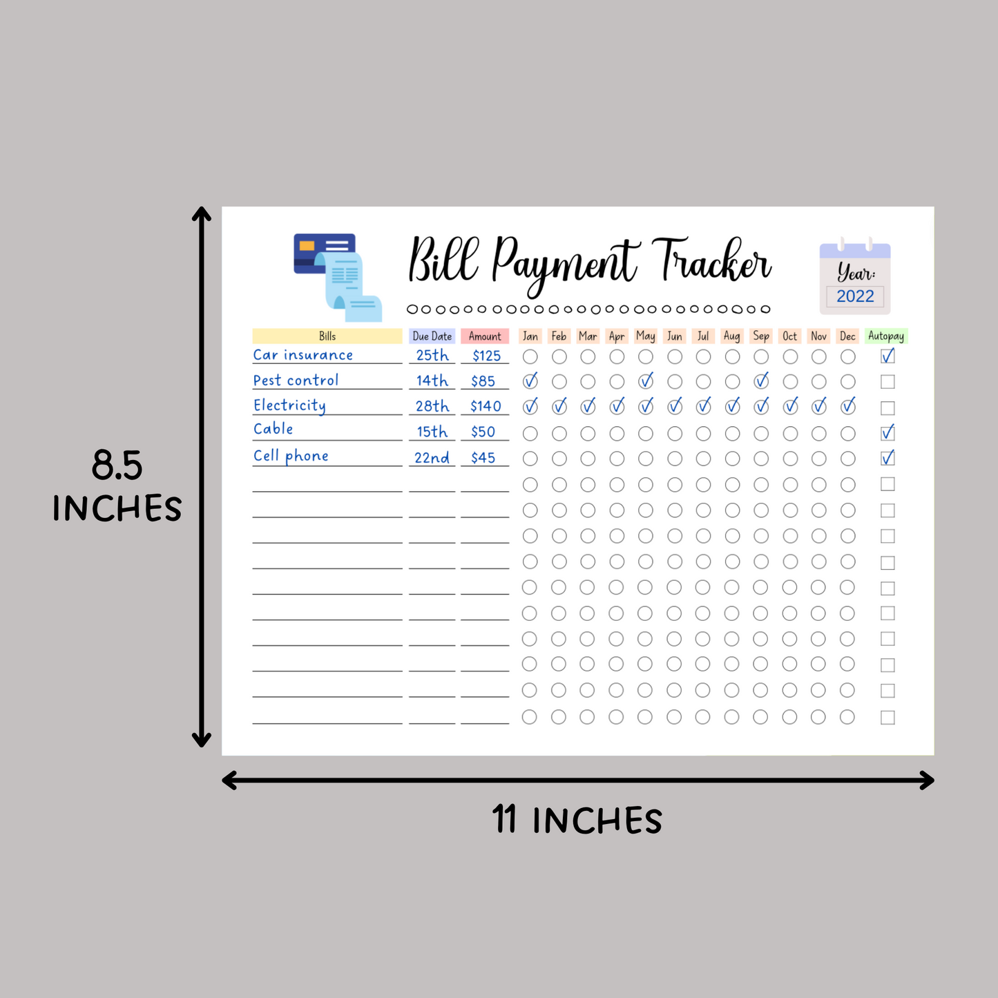 Editable Yearly Bill Tracker, Printable Monthly Bill Planner Payment Log