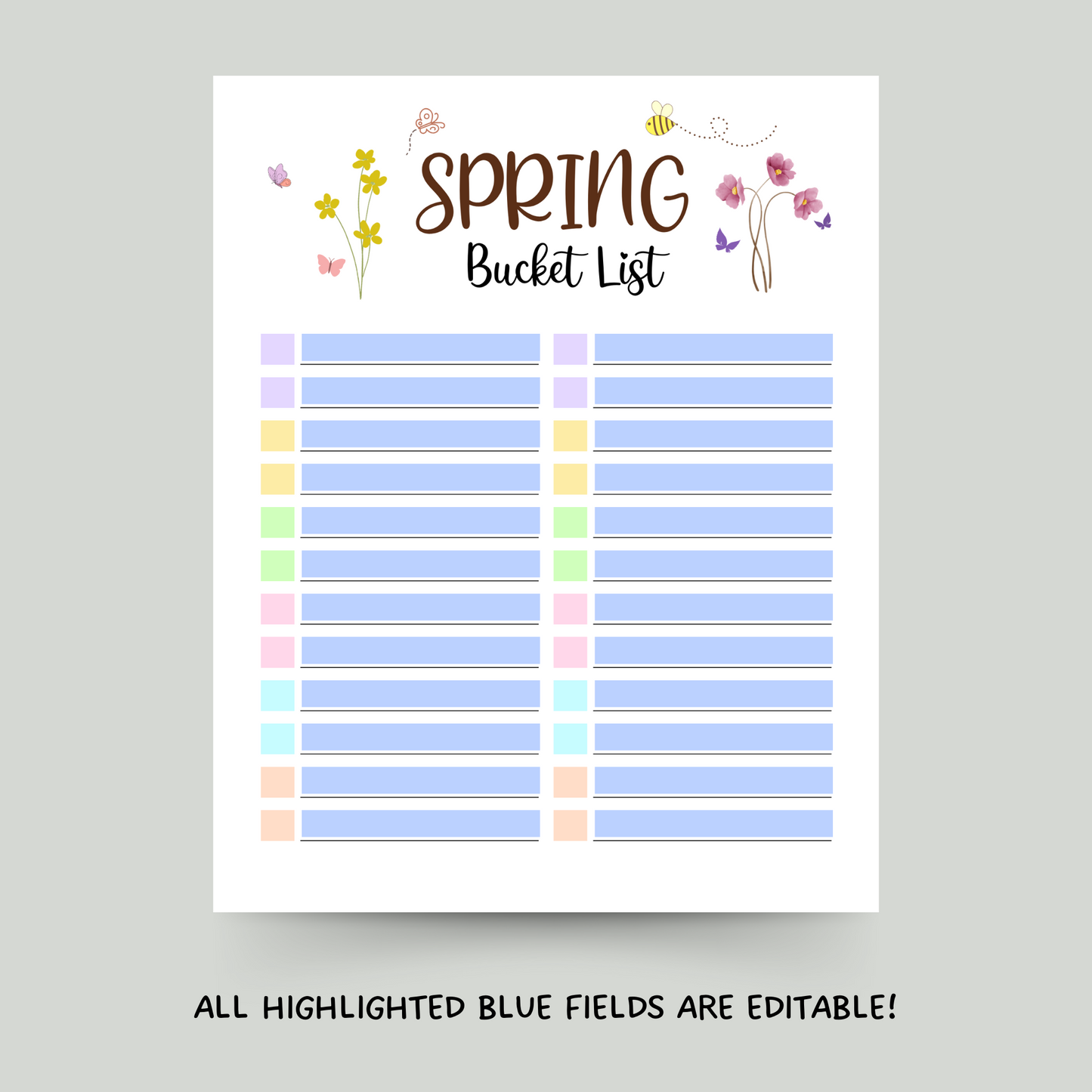 Editable Spring Bucket List, Printable Spring Activities Kids & Adults