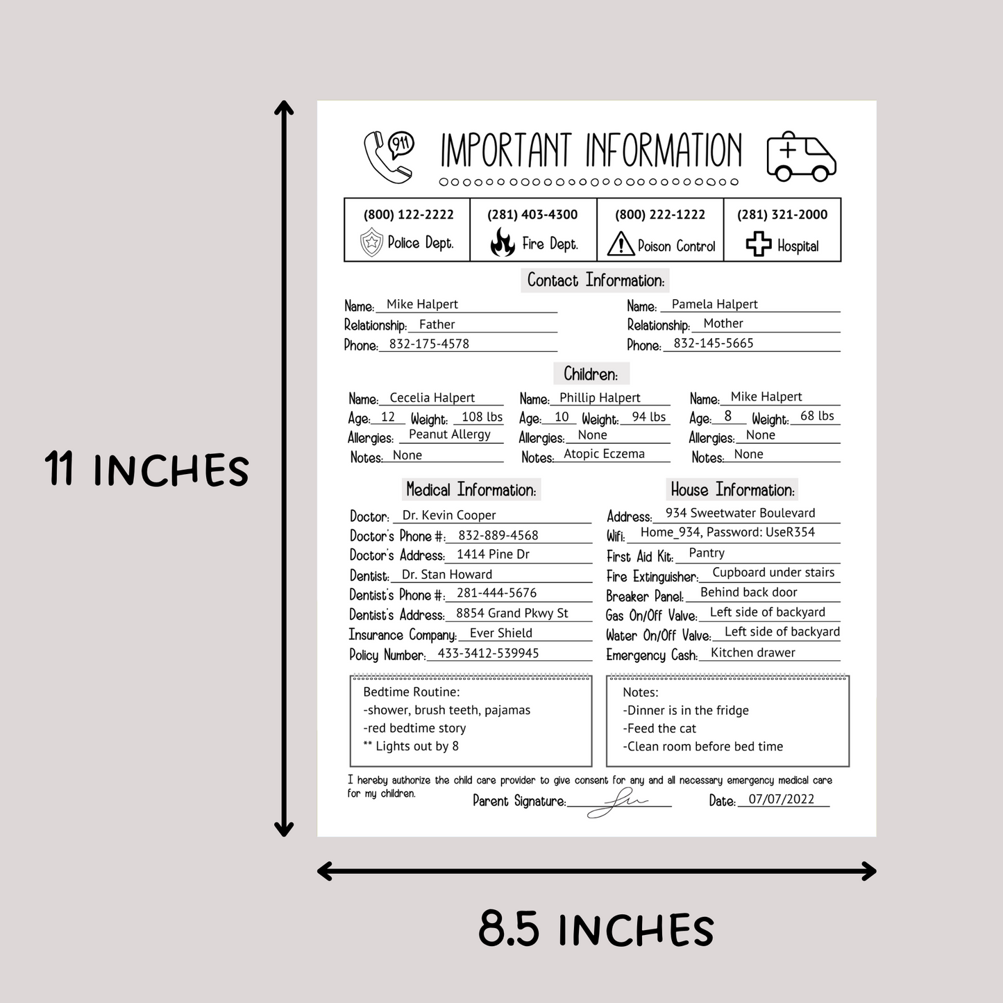 Emergency Contact Information Sheet Editable, Babysitter Info Sheet Printable