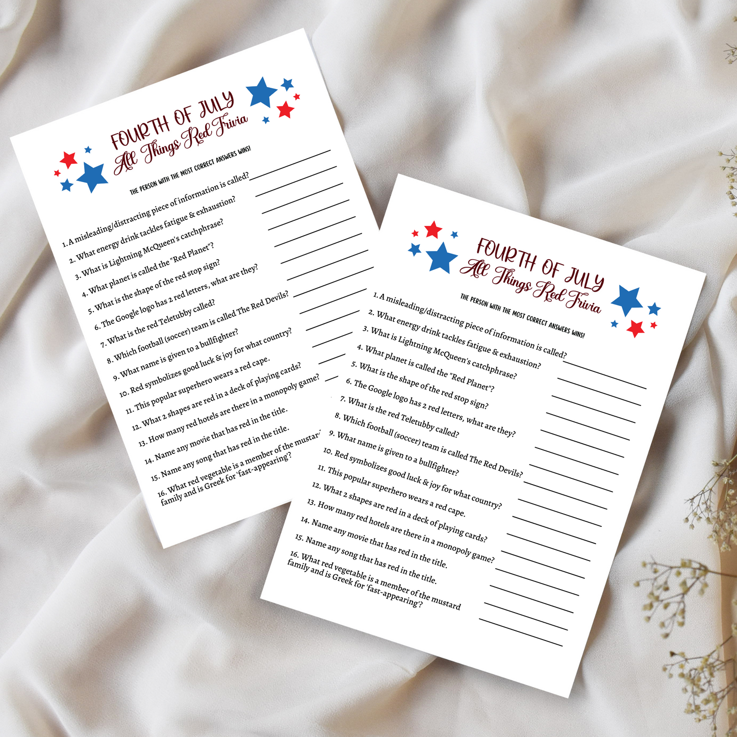 4th of July All Things Red Trivia Game Printable, Family Activity Adults & Kids