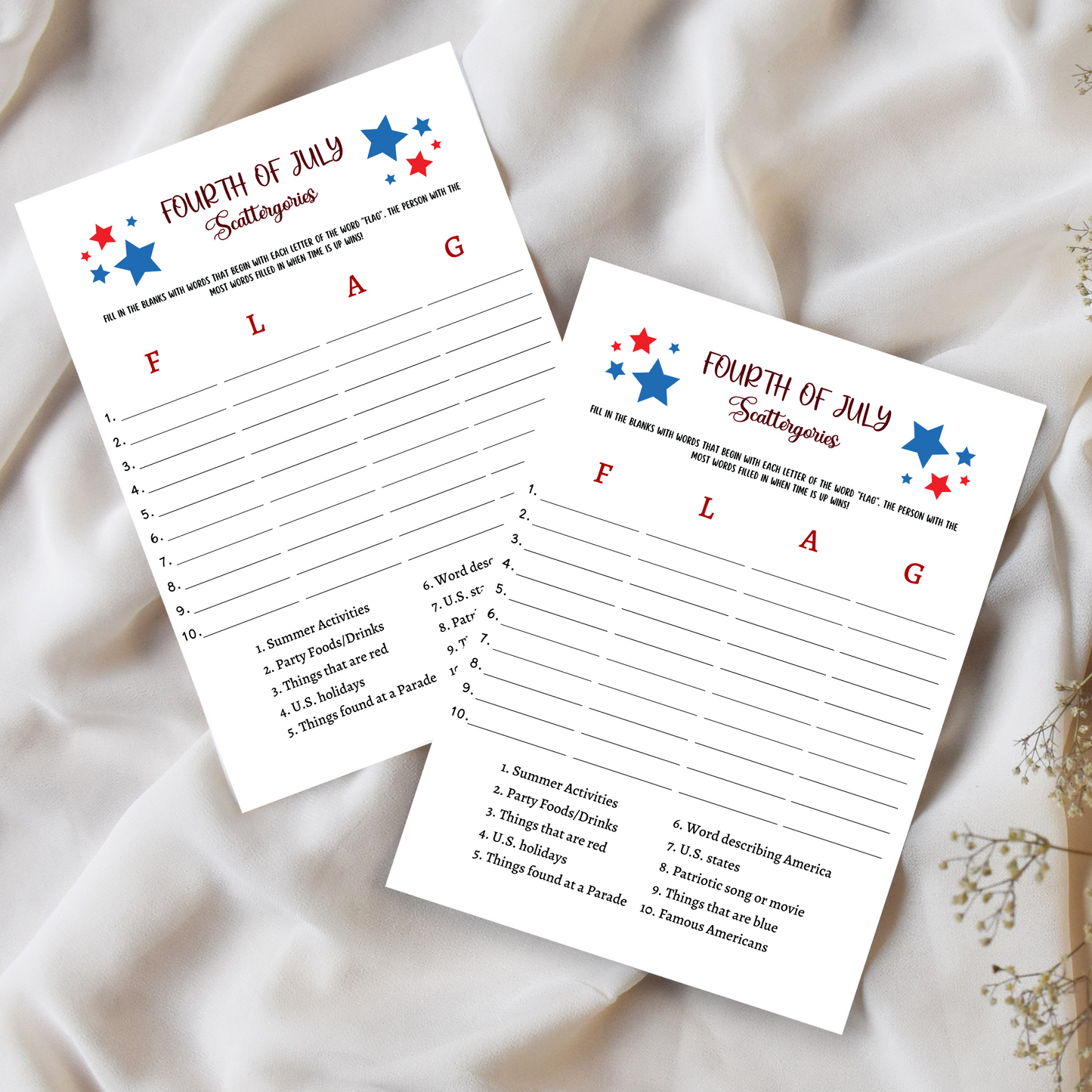 4th of July Scattergories Game Printable, Independence Day Family Activity Adults & Kids