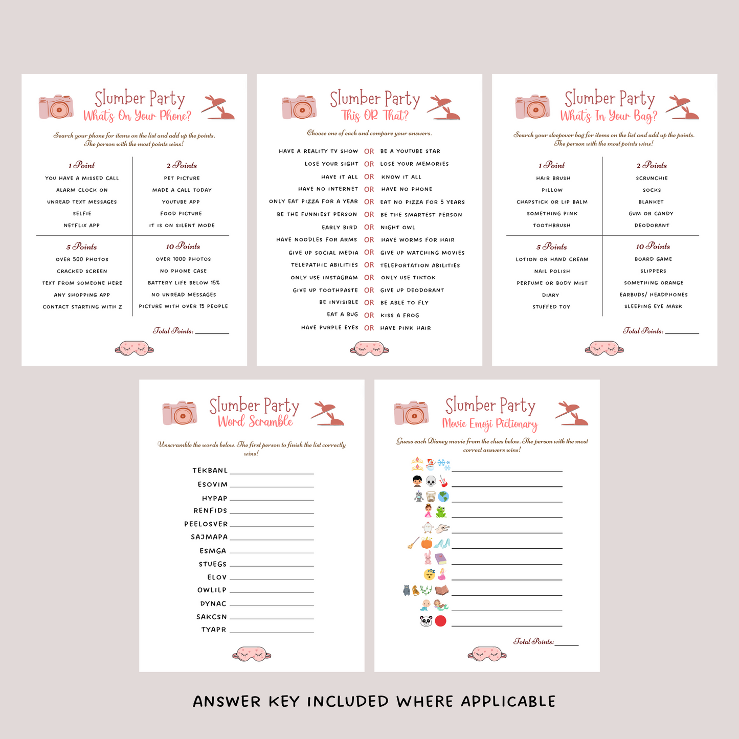 Slumber Party Games Printable, Tween Preteen Sleepover Activity Ideas