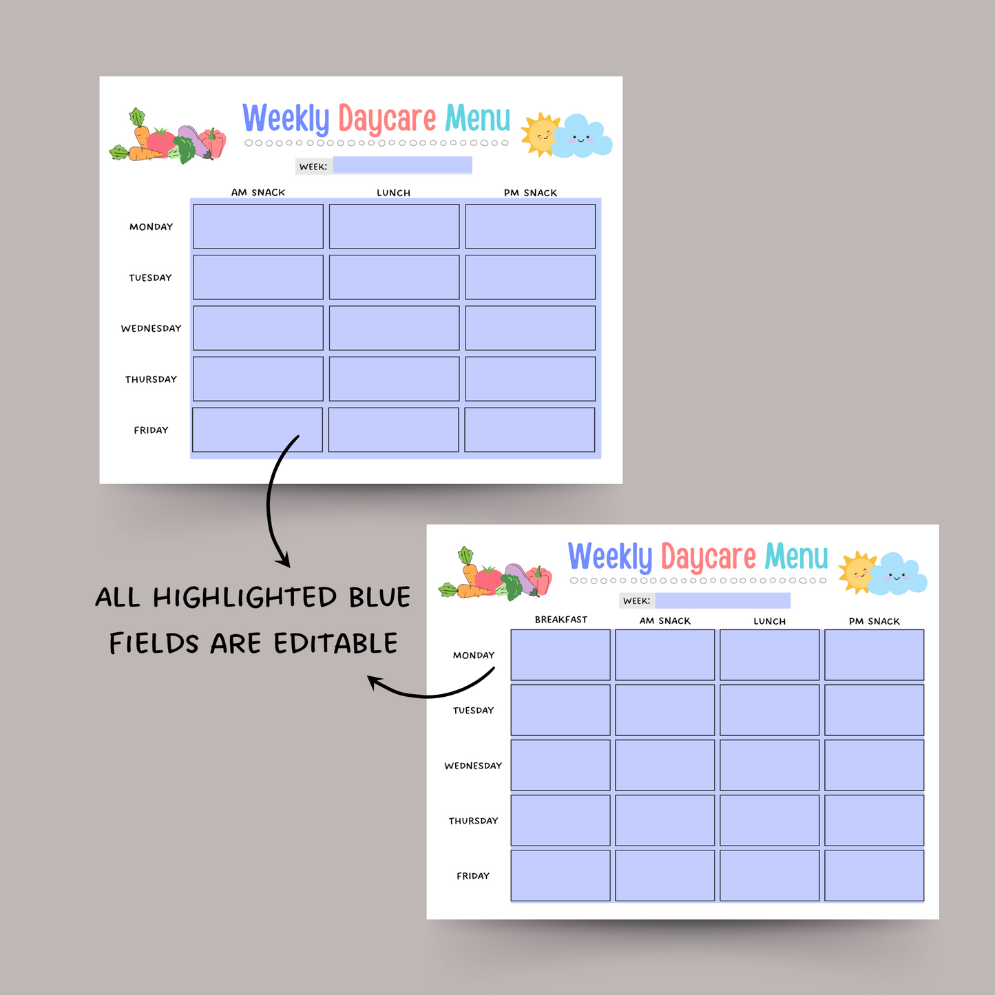 Daycare Weekly Menu Printable, Editable Meal Planner