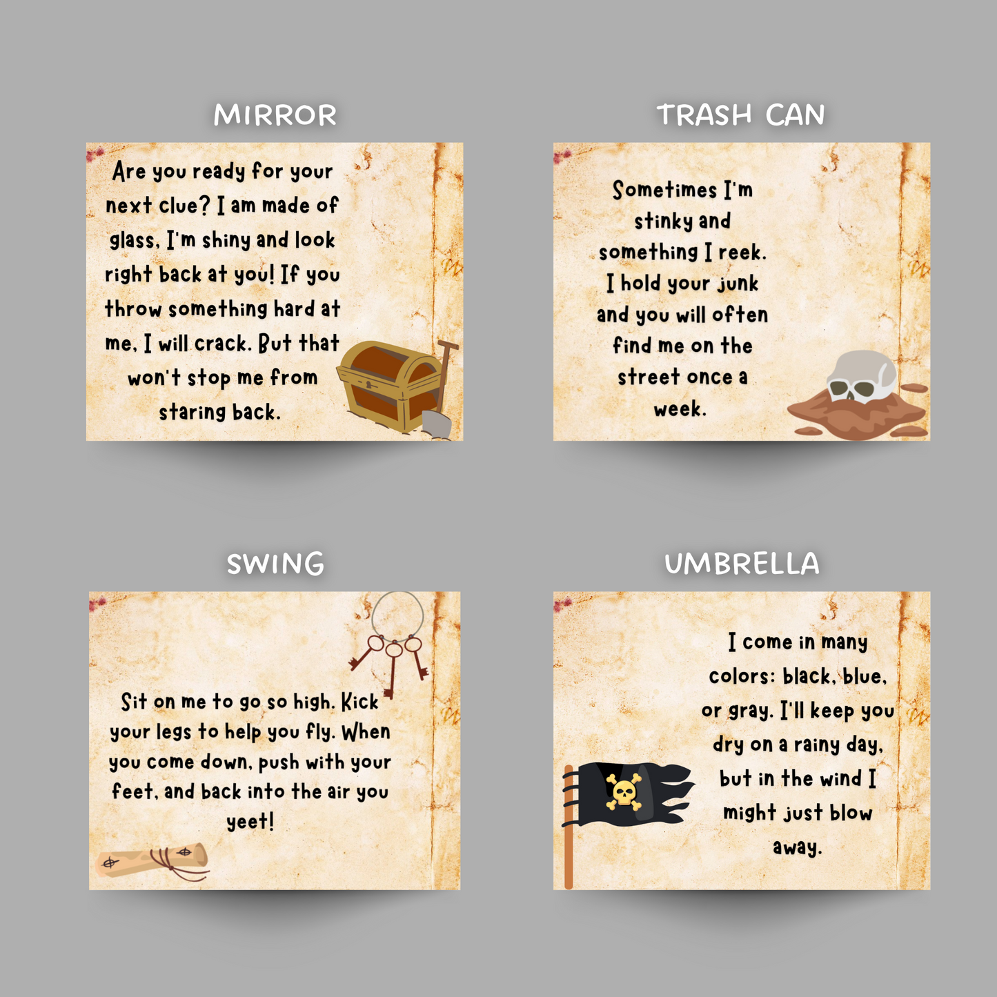 Indoor & Outdoor Treasure Hunt For Kids, Scavenger Hunt Clues Printable