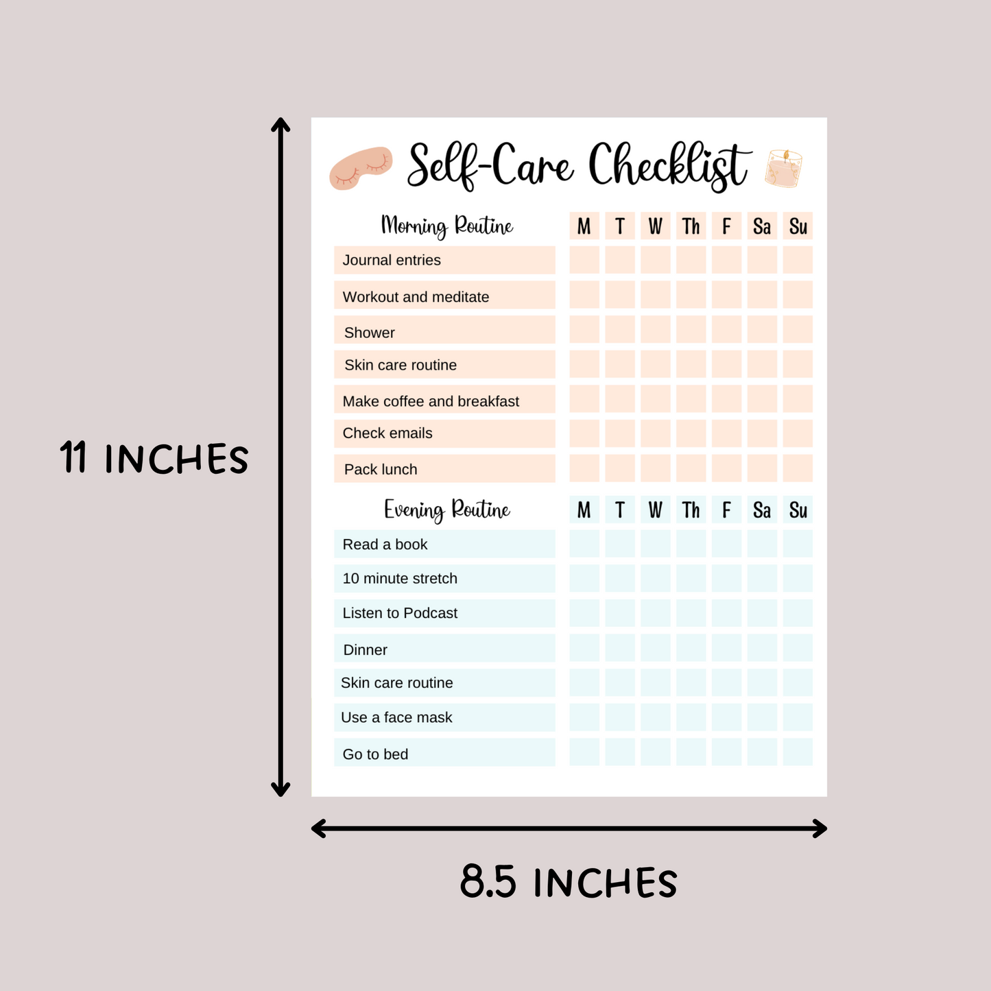 Self Care Checklist Printable Digital Planner, Daily Wellness Planner