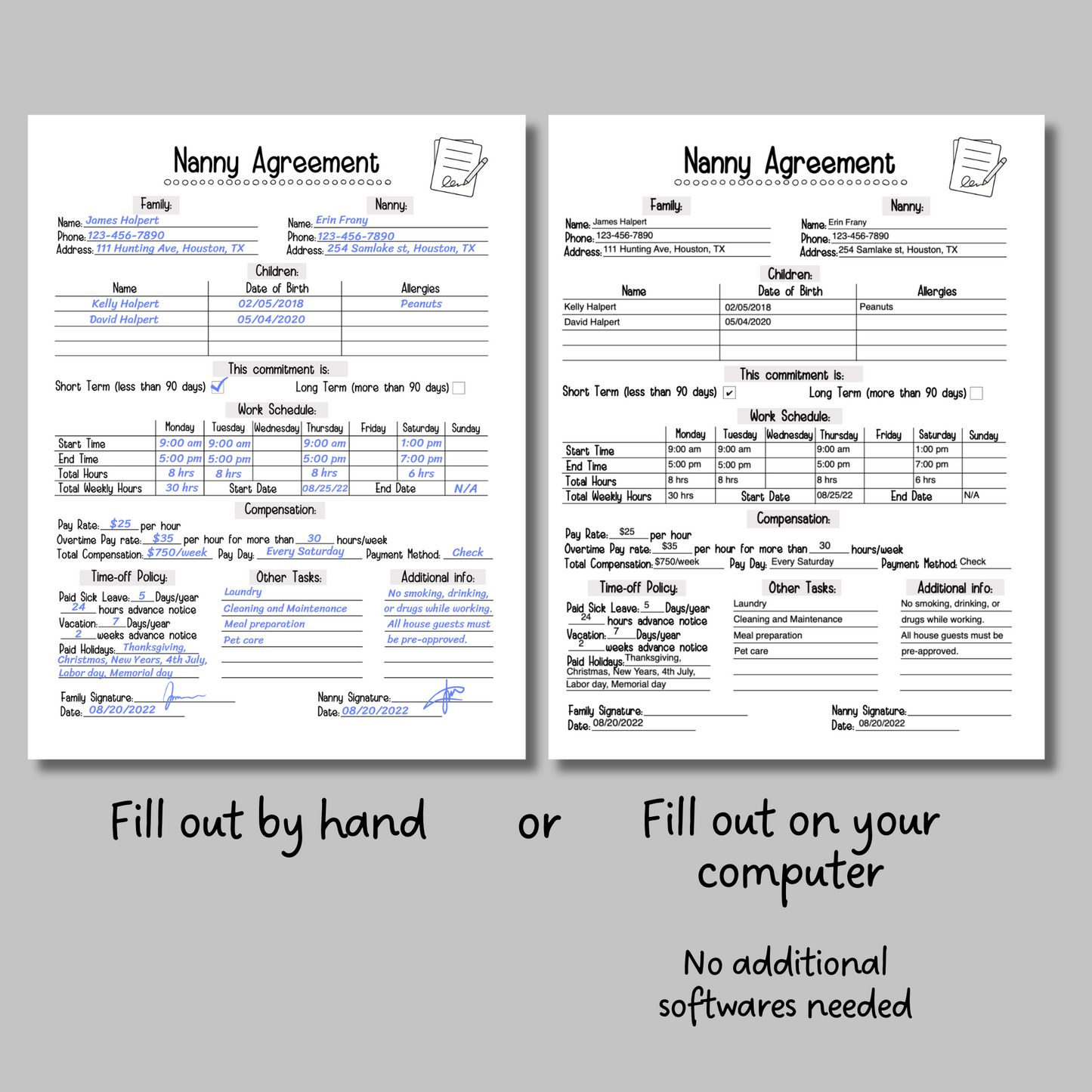 Nanny Agreement Worksheet Editable, Printable Babysitter Contract
