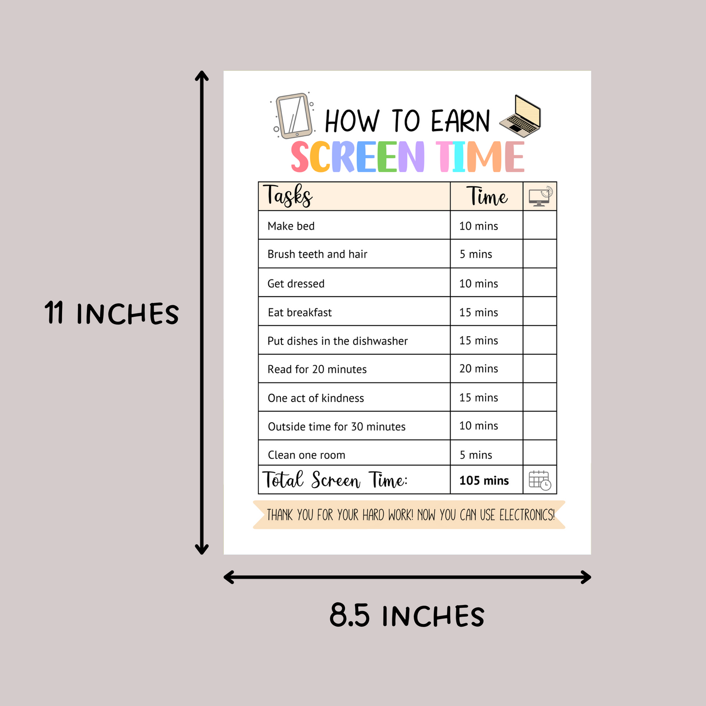 Screentime Chart Checklist Kids Printable, Editable Chore Chart Tracker