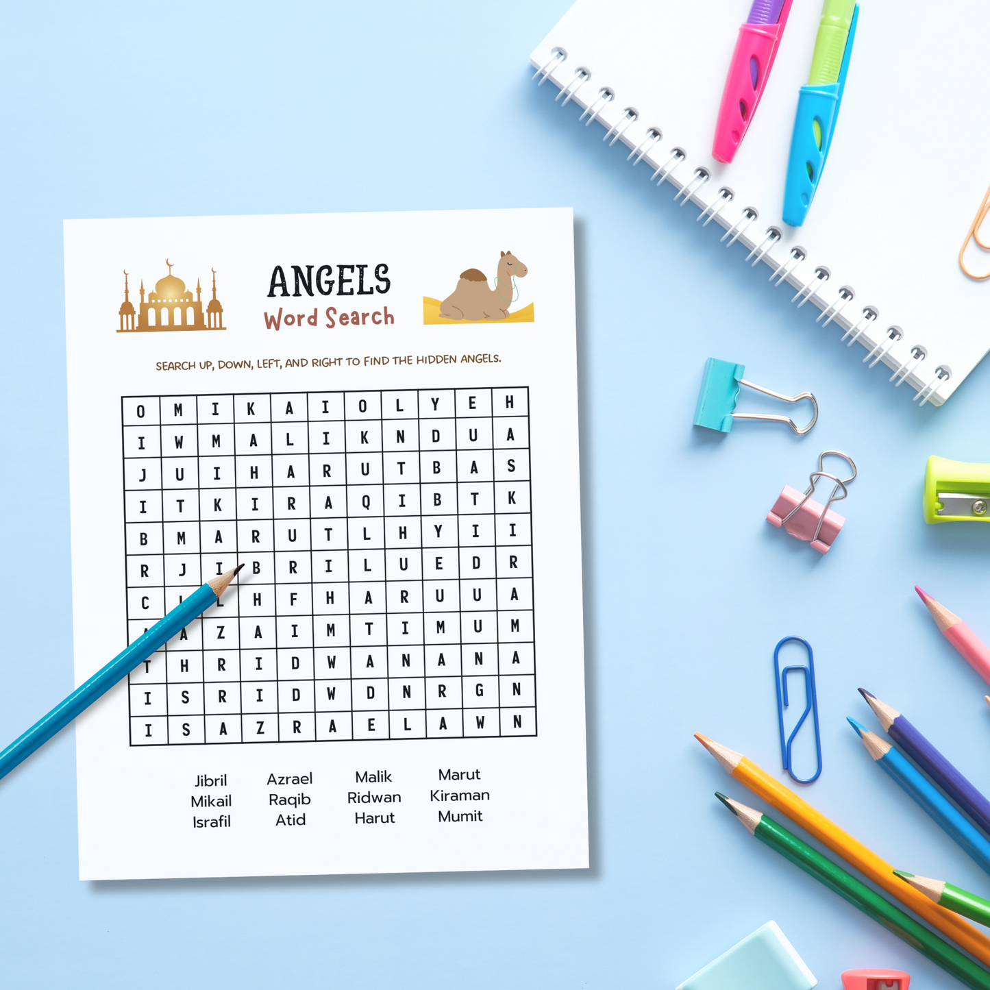 Islamic Word Search Printable Activity for Kids, Educational Games Wordsearch Sheets Angels Prophets Prayer Ramadan Eid Gift Ideas Children