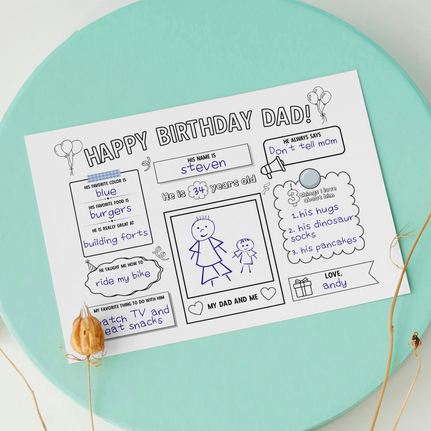 Happy Birthday Dad Coloring Page Printable, DIY Personalized Gift from Kids All About Daddy Card Placemat Activity Sheet Father