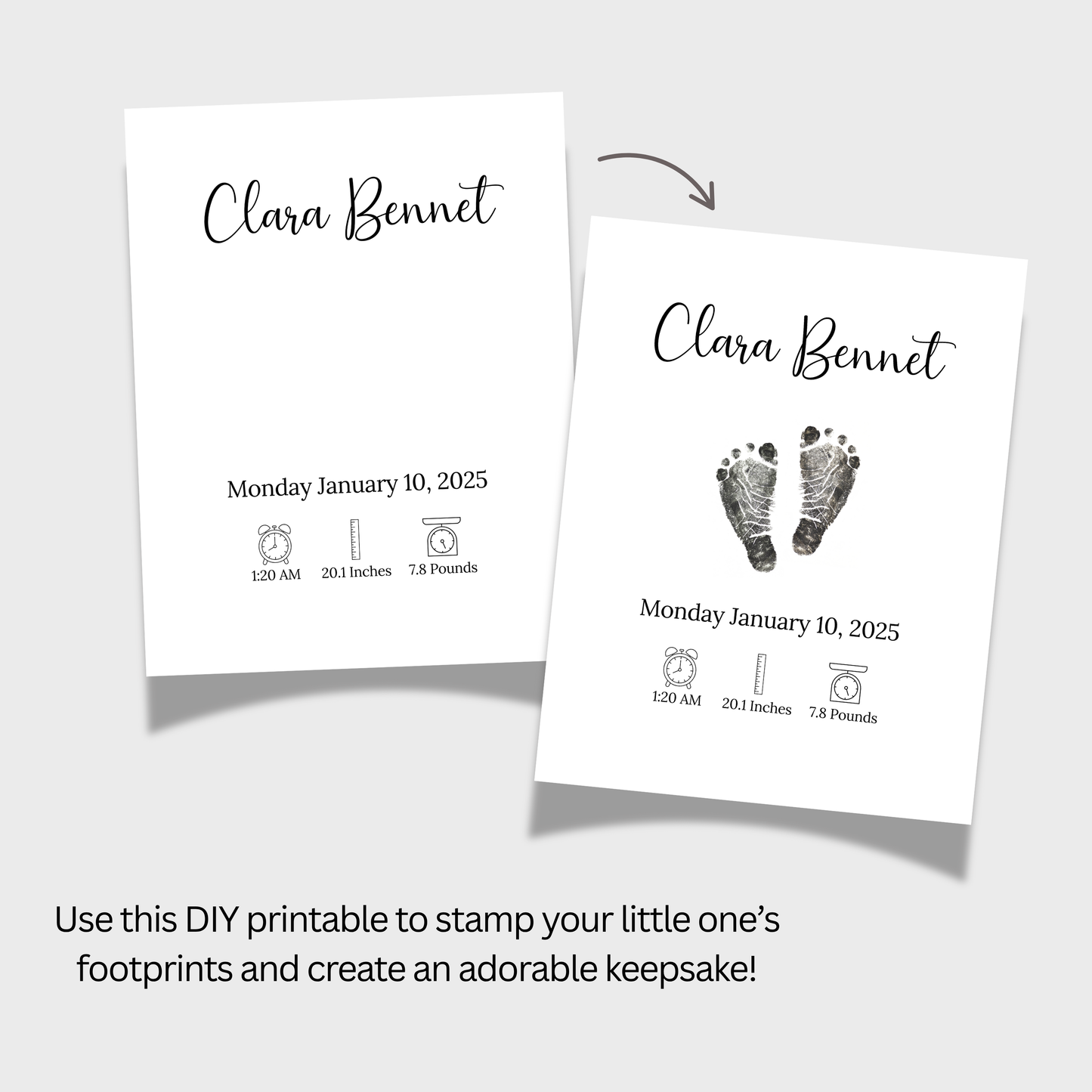 Personalized Baby Birth Announcement Printable, Newborn Footprint DIY Nursery Wall Art