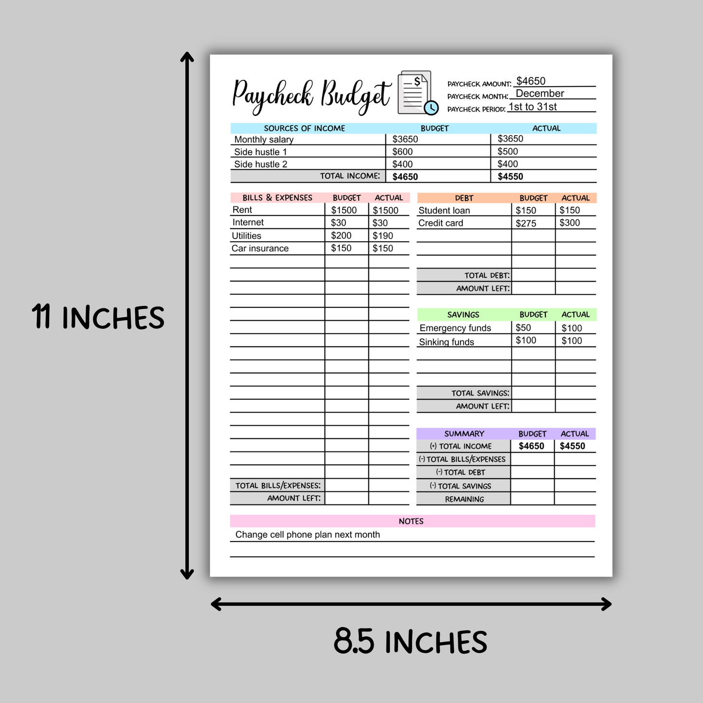 Paycheck Budget Overview Planner Printable, Minimalist Budget Tracker