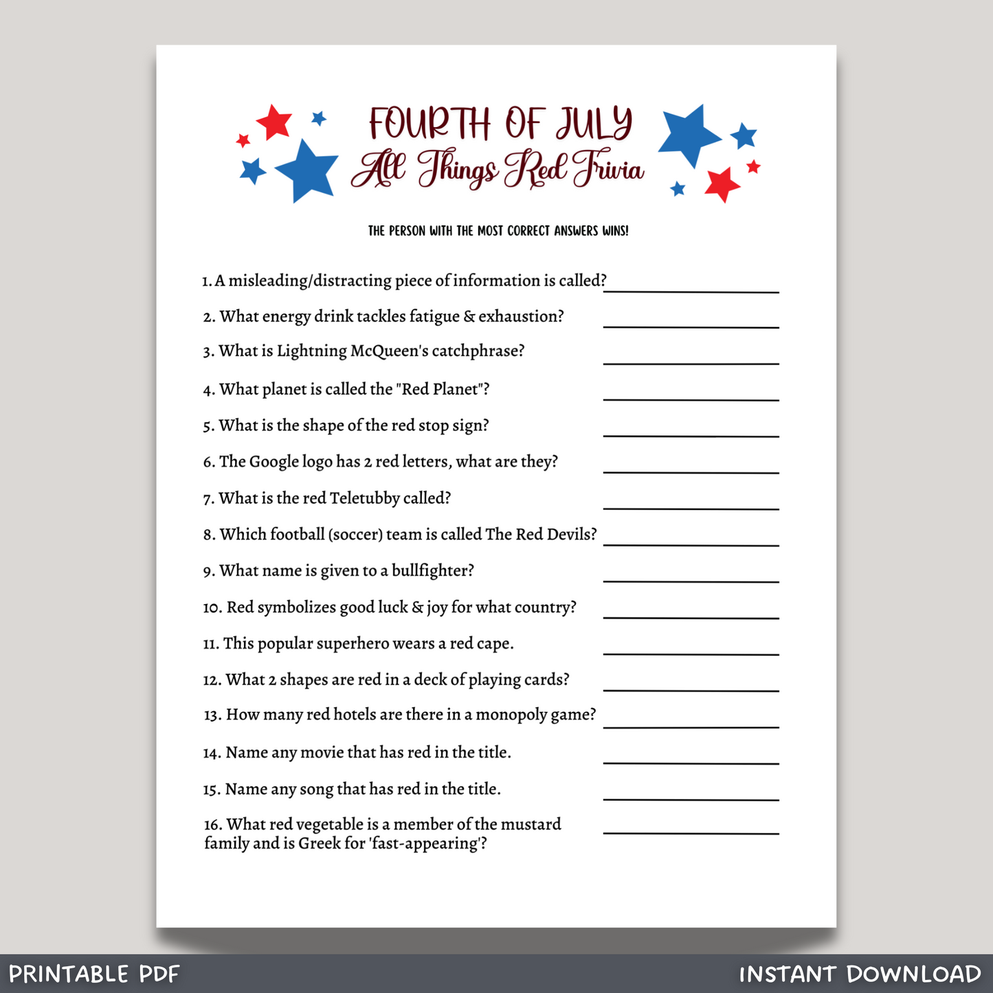 4th of July All Things Red Trivia Game Printable, Family Activity Adults & Kids