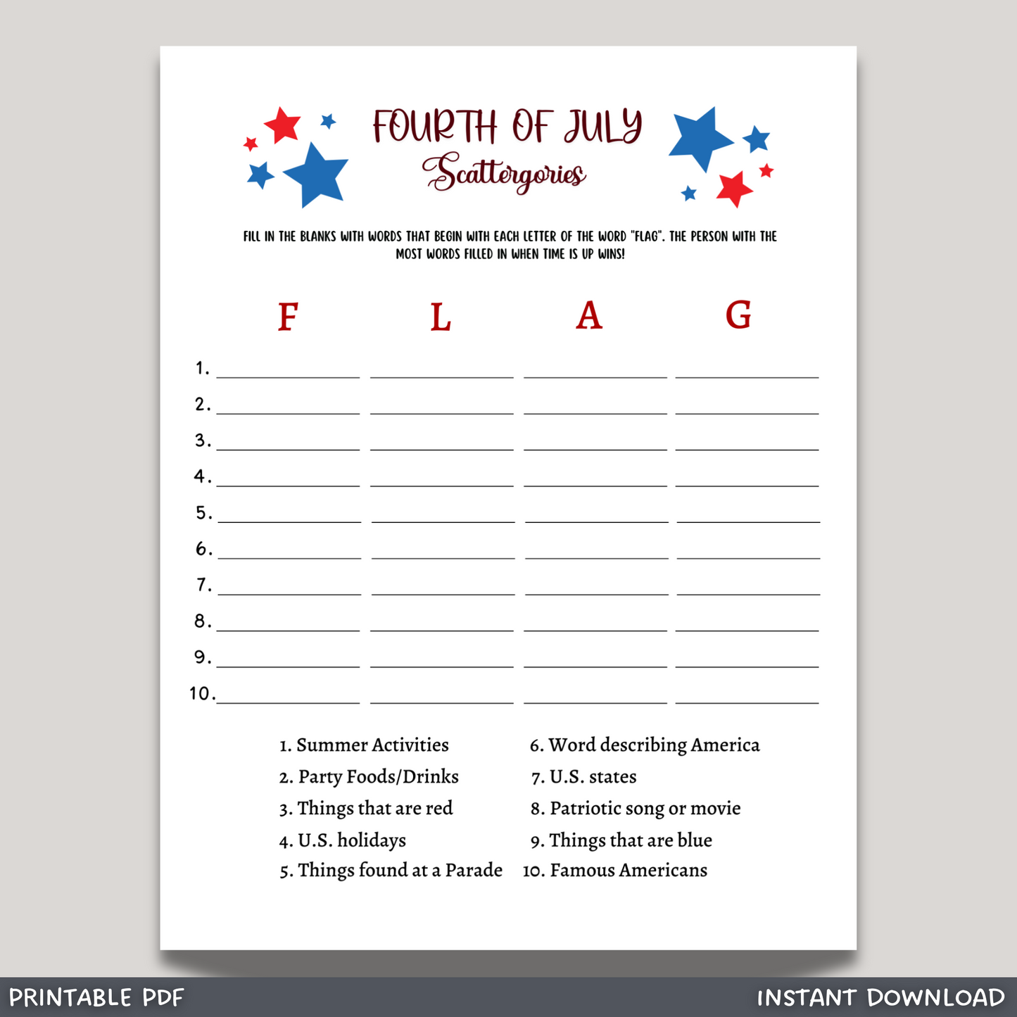 4th of July Scattergories Game Printable, Independence Day Family Activity Adults & Kids
