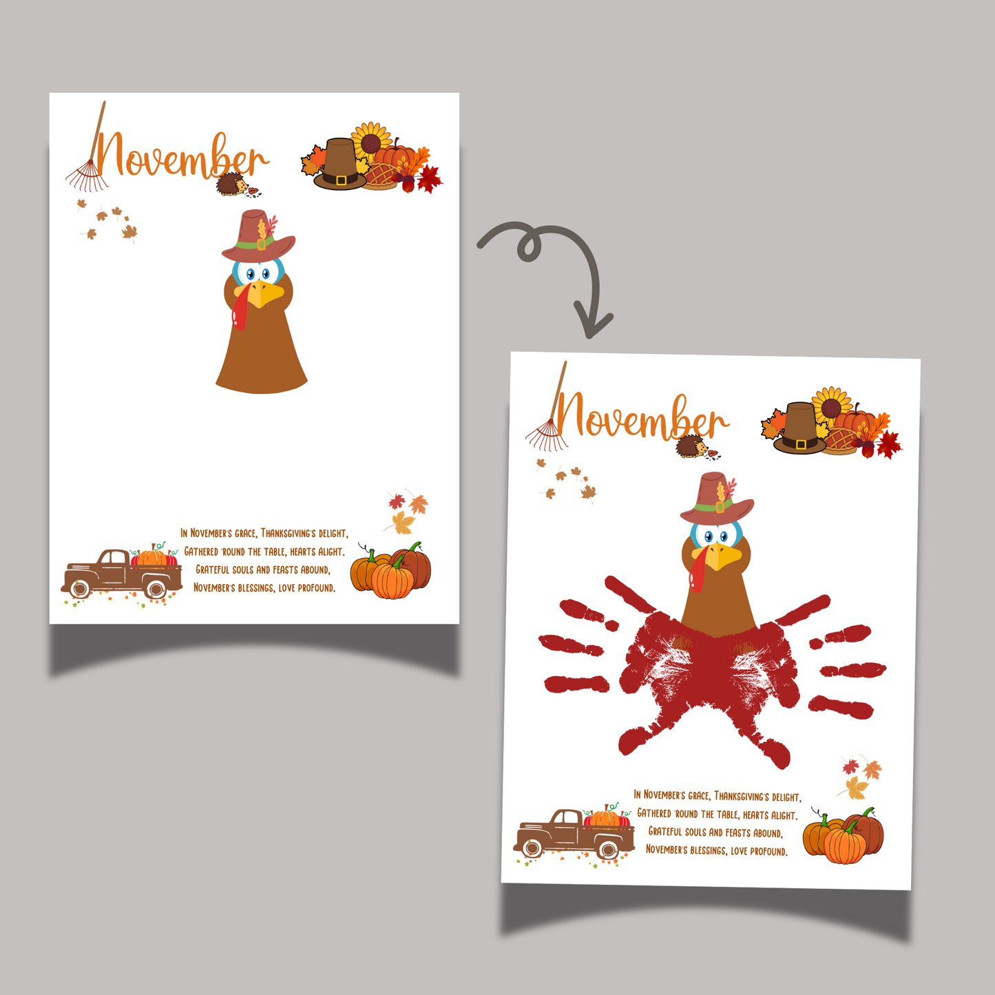 November Handprint Footprint Crafts Printable, DIY Art Kids Preschool Activity, Thanksgiving Monthly Keepsake Baby Toddler PreK Kindergarten