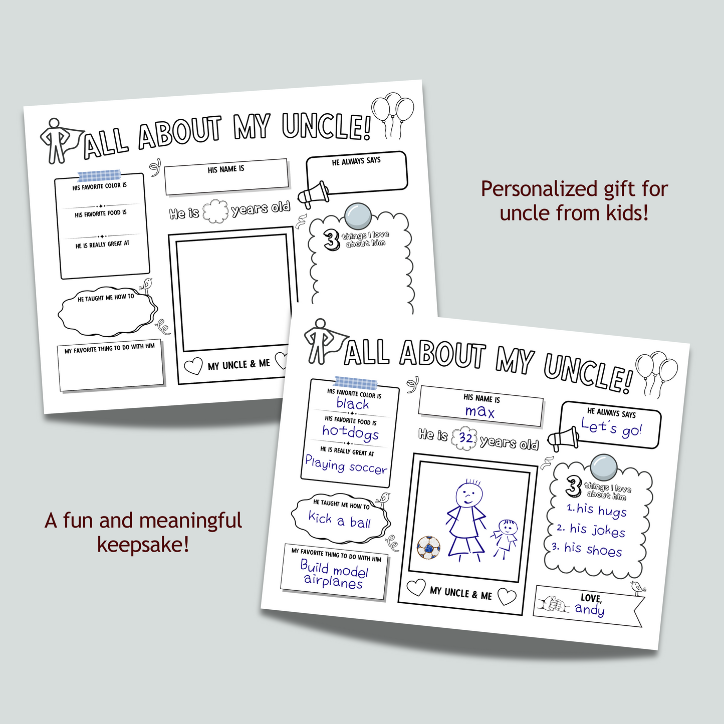 All About My Uncle Survey Printable, DIY Gift Birthday Card Questionnaire from Kids Personalized Keepsake Worksheet Coloring Page Activity