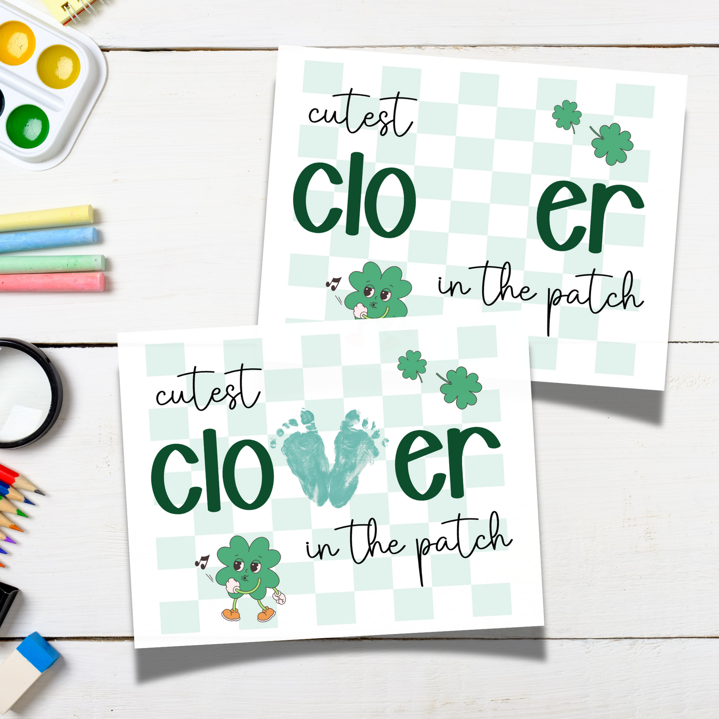 St Patricks Day Retro Clover Footprint Craft Printable Shamrock Art Keepsake for Kids Baby Toddler Activity