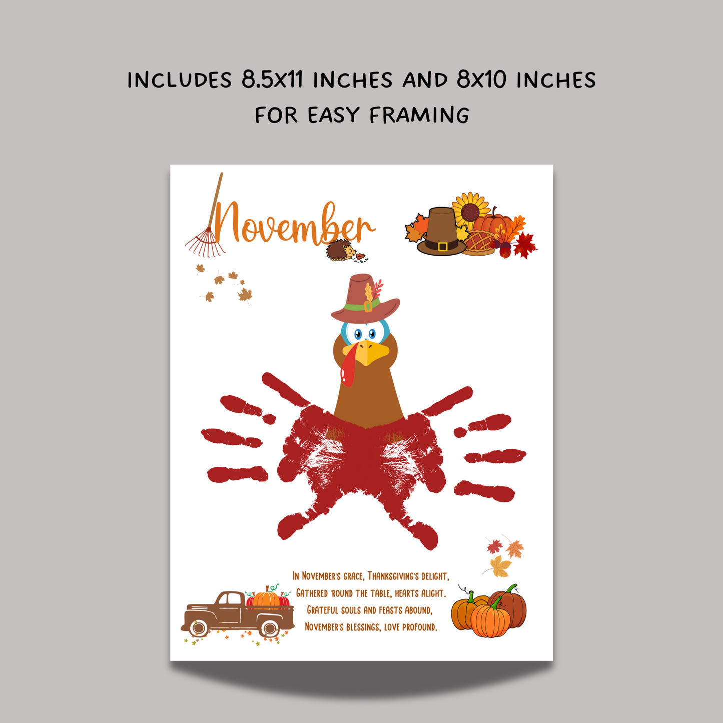 November Handprint Footprint Crafts Printable, DIY Art Kids Preschool Activity, Thanksgiving Monthly Keepsake Baby Toddler PreK Kindergarten