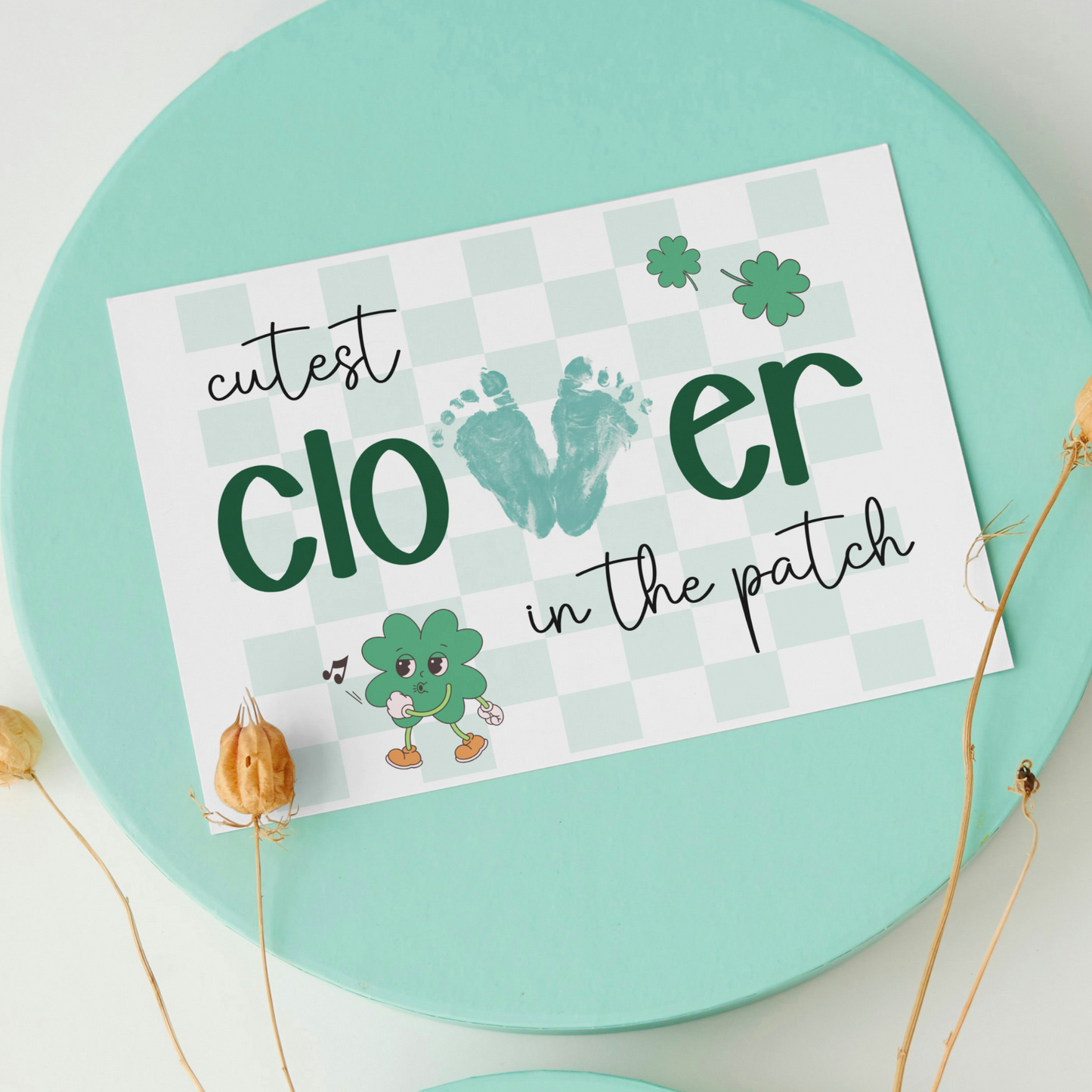 St Patricks Day Retro Clover Footprint Craft Printable Shamrock Art Keepsake for Kids Baby Toddler Activity