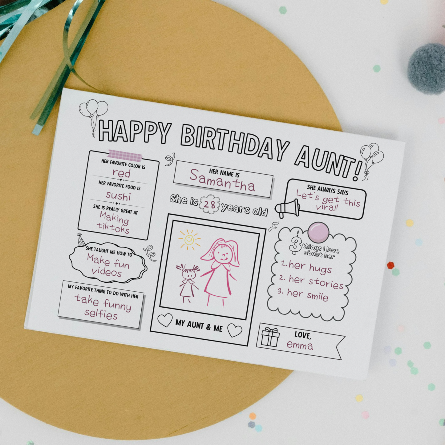 Happy Birthday Aunt Coloring Page Printable, DIY Personalized Gift from Kids All About Auntie Card Activity Questionnaire Keepsake Present