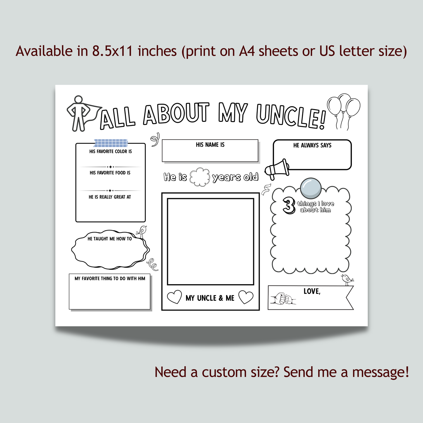 All About My Uncle Survey Printable, DIY Gift Birthday Card Questionnaire from Kids Personalized Keepsake Worksheet Coloring Page Activity