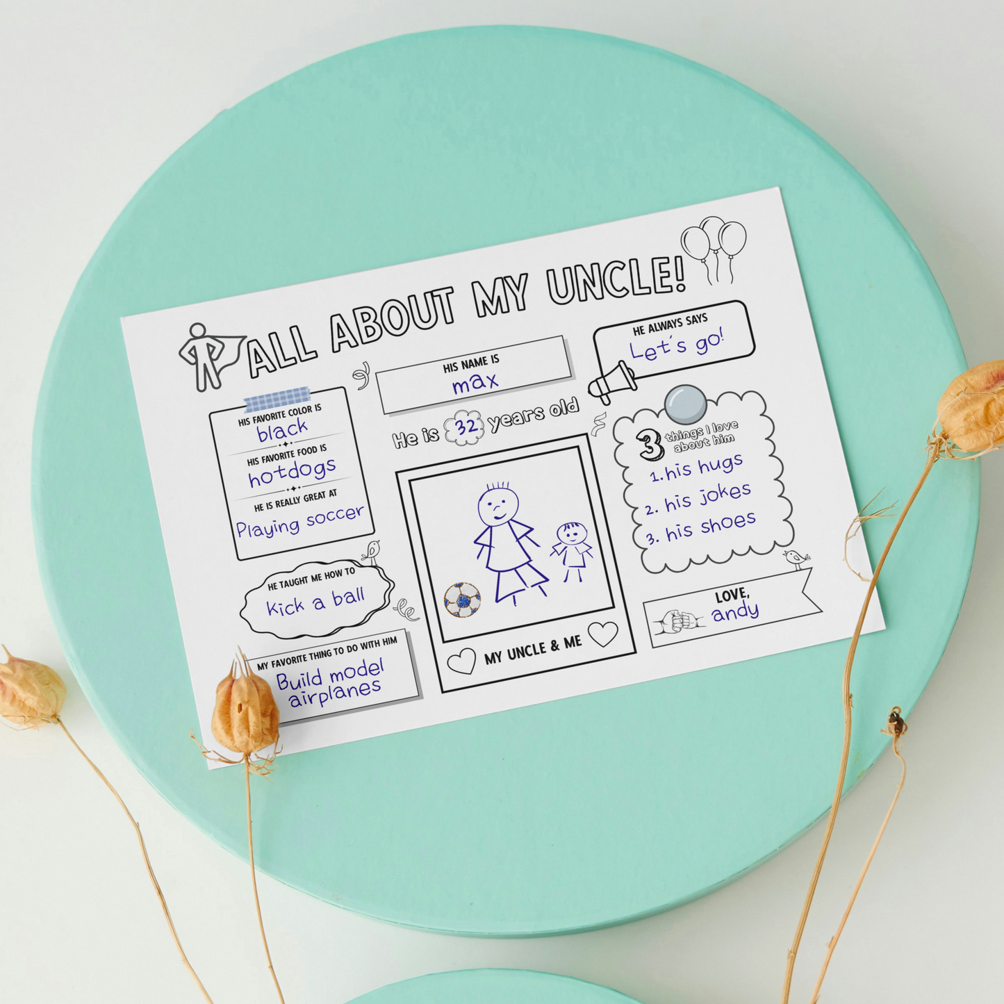 All About My Uncle Survey Printable, DIY Gift Birthday Card Questionnaire from Kids Personalized Keepsake Worksheet Coloring Page Activity