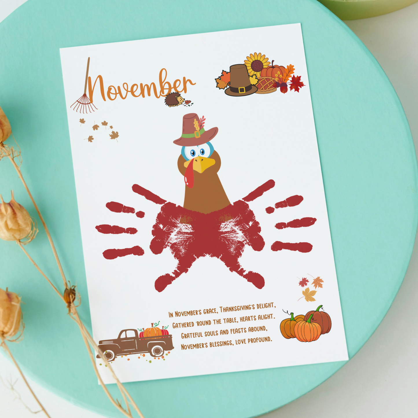 November Handprint Footprint Crafts Printable, DIY Art Kids Preschool Activity, Thanksgiving Monthly Keepsake Baby Toddler PreK Kindergarten