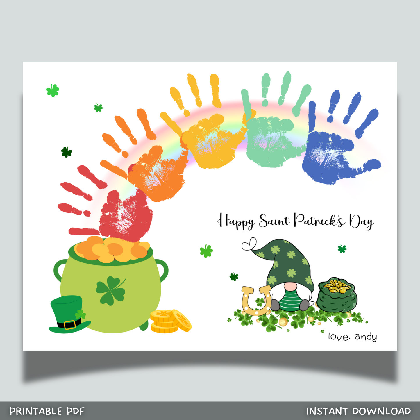 St Patricks Day Handprint Craft Printable, DIY St. Pattys Art Keepsake for Kids Baby Toddler Activity