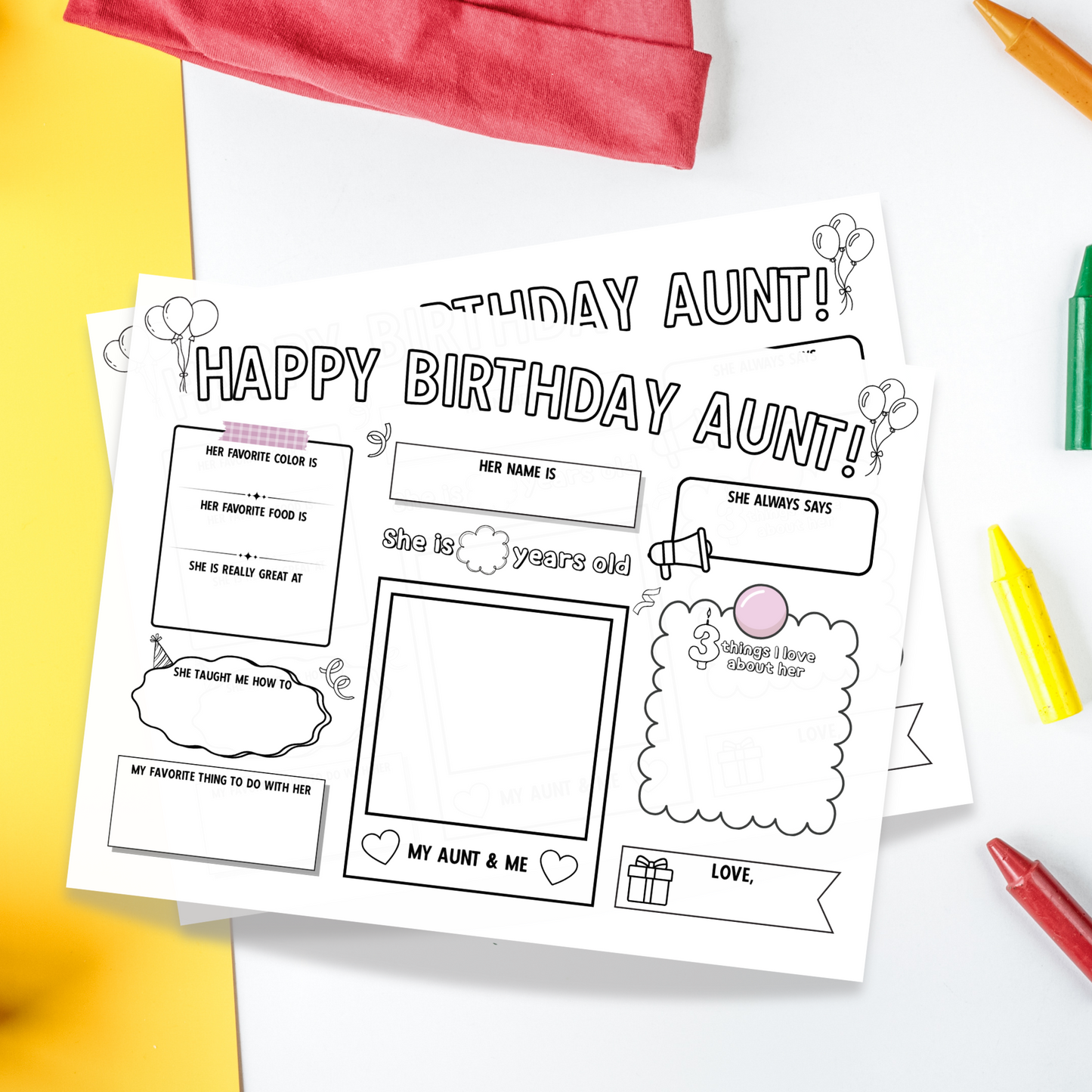 Happy Birthday Aunt Coloring Page Printable, DIY Personalized Gift from Kids All About Auntie Card Activity Questionnaire Keepsake Present